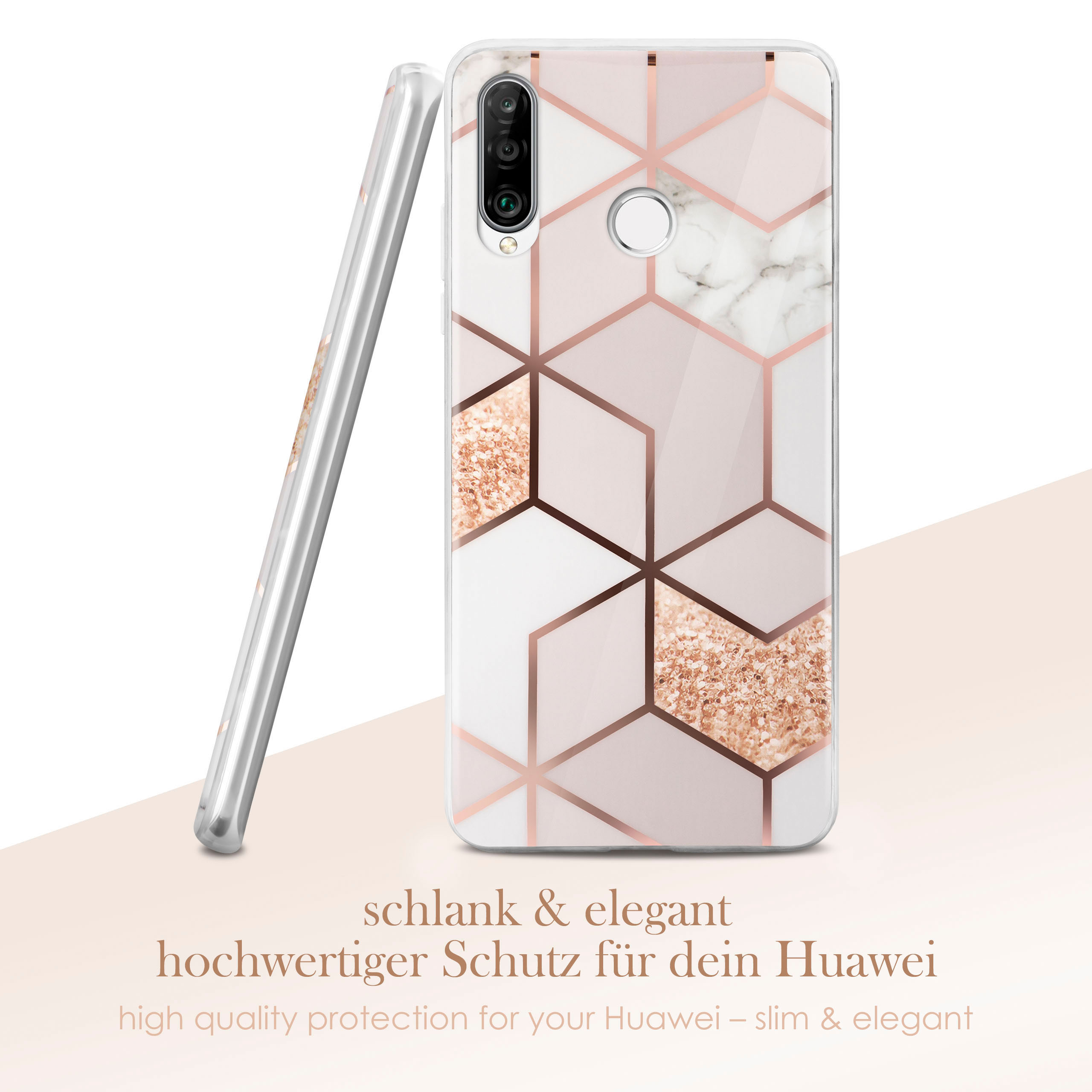 Handyhülle mit geometrischem Muster. Rosa, weiß und goldfarbenes Design. Schlank und elegant, hochwertiger Schutz.