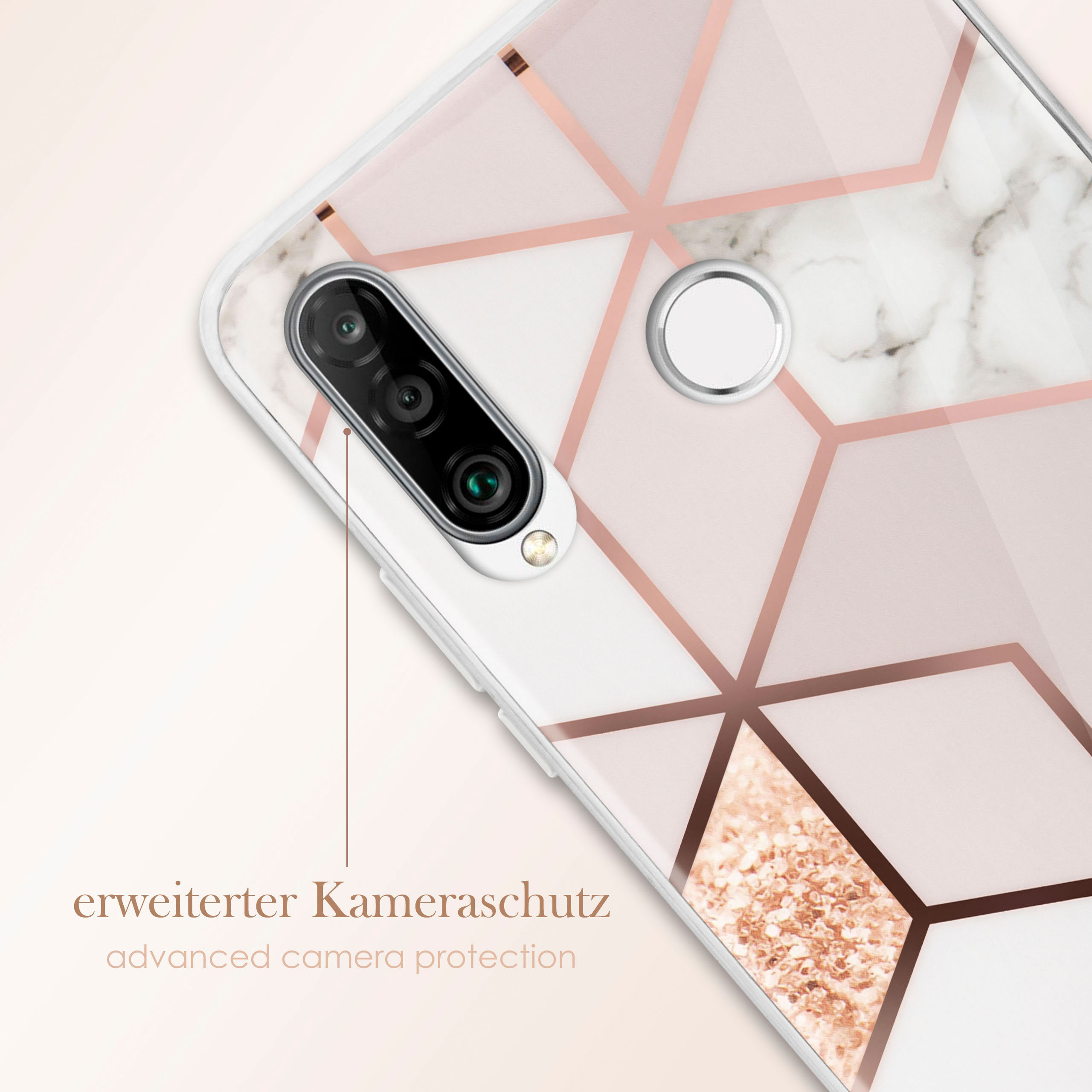 Telefontaschendetail. Nahaufnahme, rosa und gold geometrisches Muster über weißem Marmor.