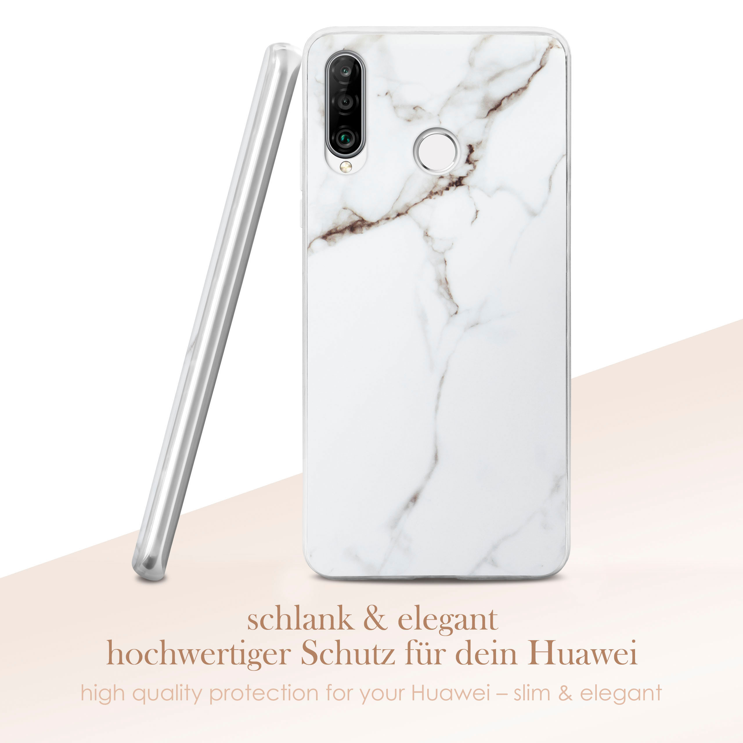 Eine weiße Marmor-Handyhülle mit klarem Rand, die gegen eine weiße Oberfläche gelehnt ist.