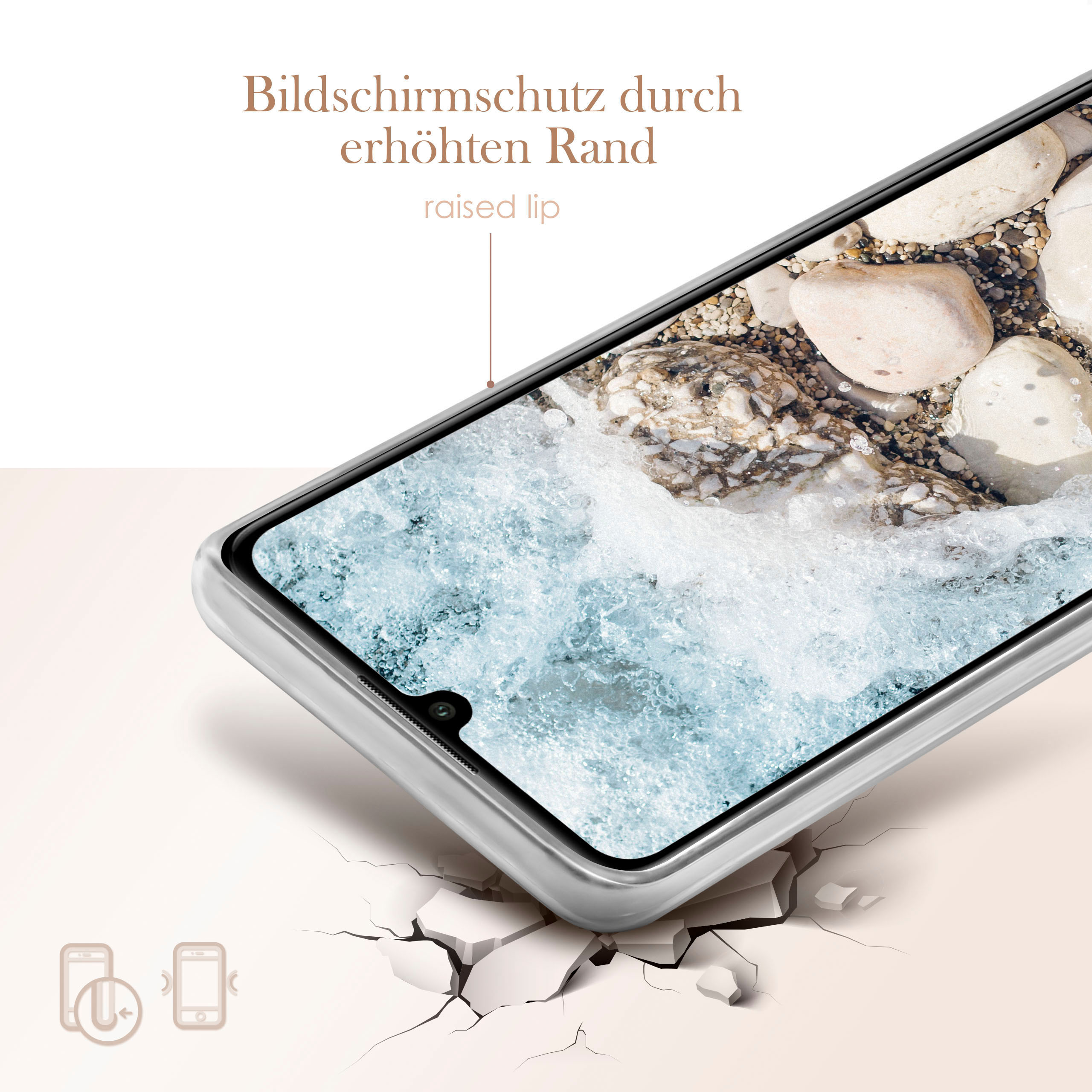 Handy-Display mit Hülle, Wasser- und Fels-Hintergrund. Text: Erhöhter Rand.