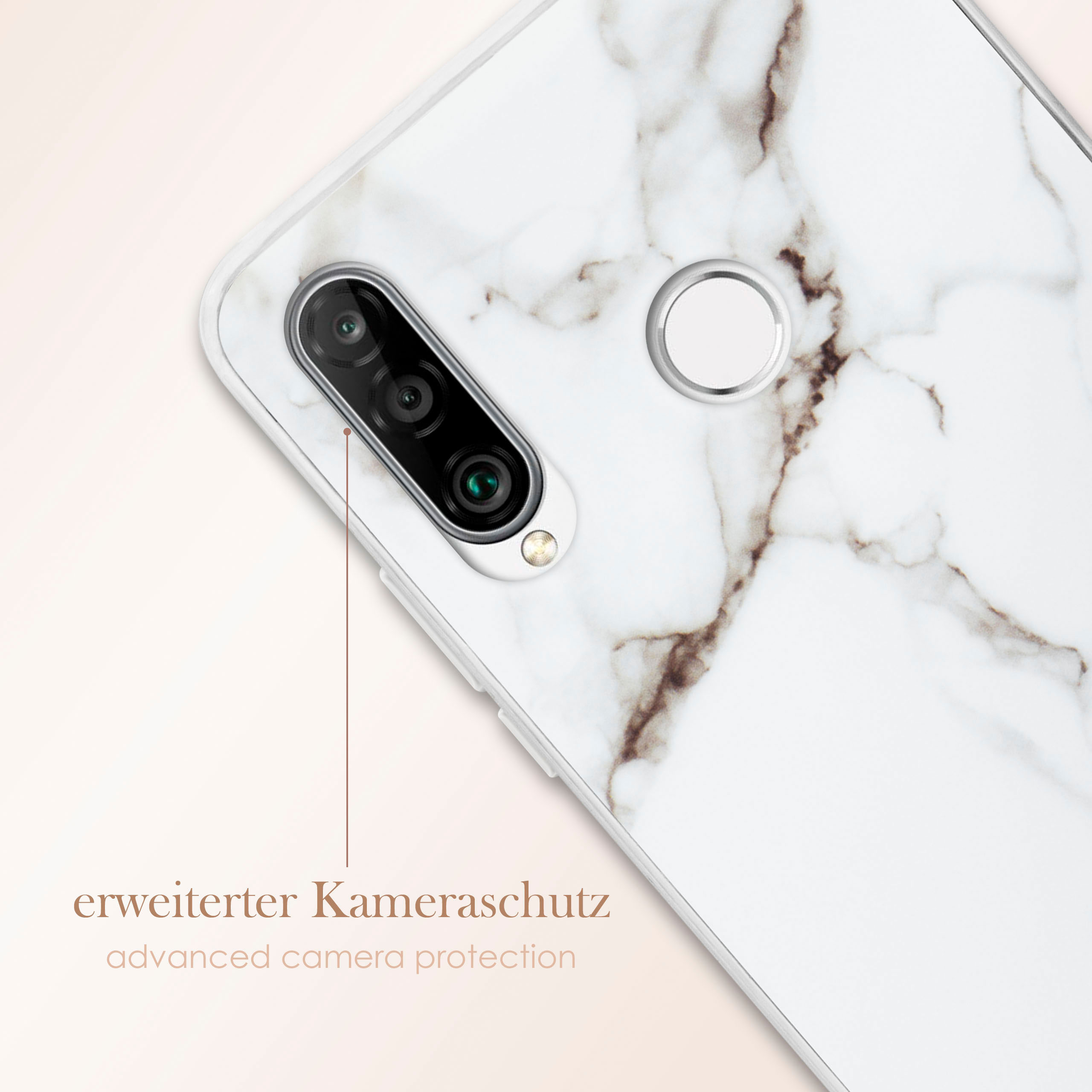 Weiße Handyhülle mit Marmormuster, mit einem Kameraobjektiv.