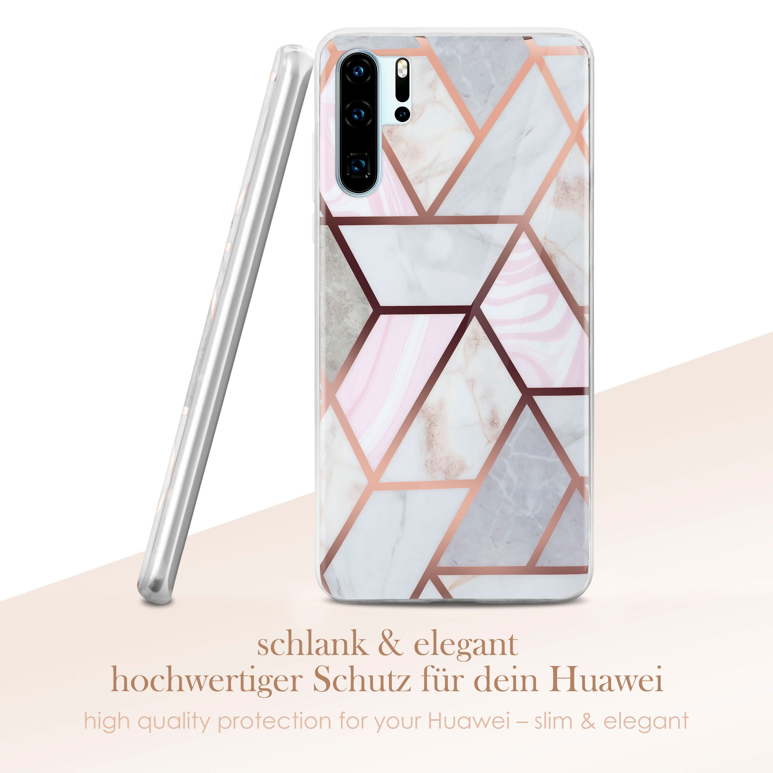 Eine weiße Handyhülle mit geometrischem Design und ein Smartphone daneben.