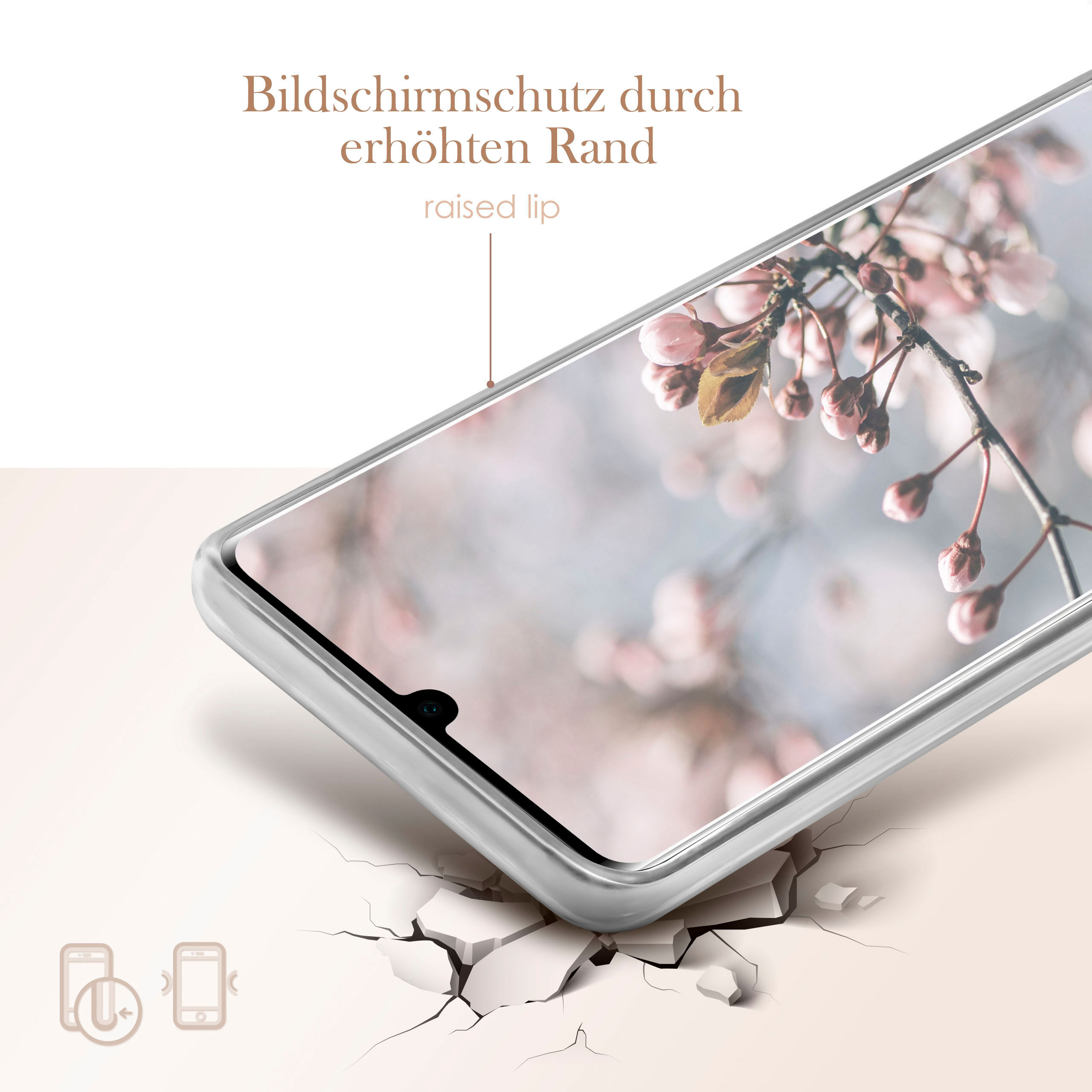 Eine Handyhülle mit Displayschutz zeigt einen floralen Hintergrund mit erhöhtem Rand zum Schutz.
