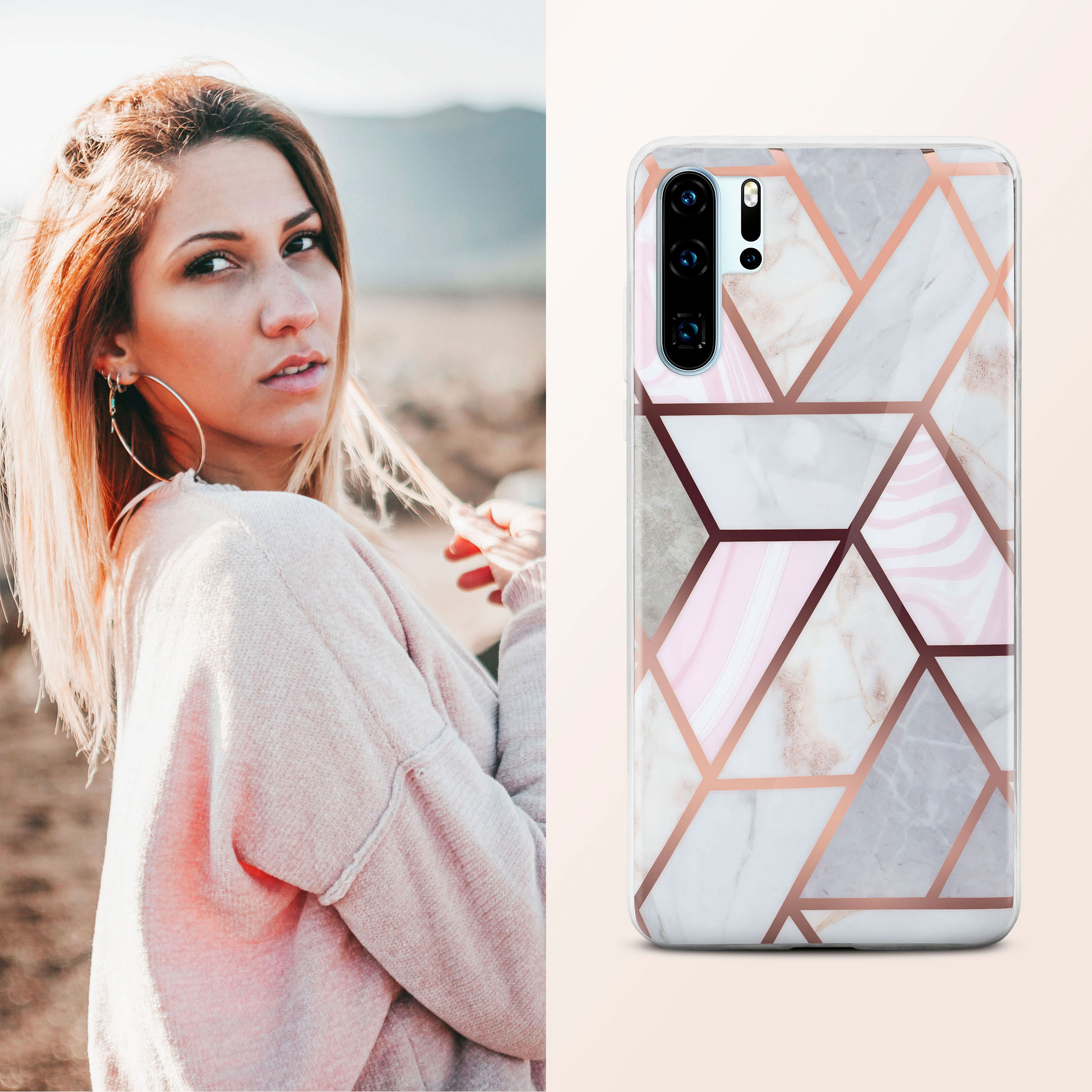 Eine Frau in einem rosa Pullover hält ihr Haar. Rechts befindet sich eine Handyhülle mit geometrischem Design.