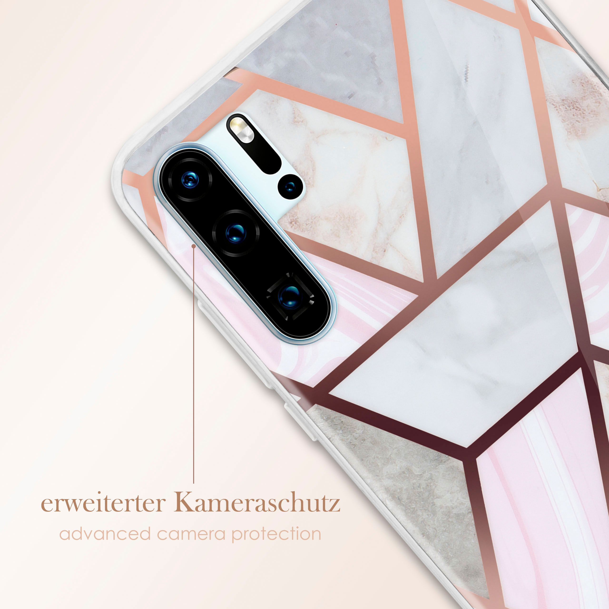 Handy-Rückseite mit geometrischem Design. Weiße, rosa und bronzefarbene Farben. Kamera sichtbar.