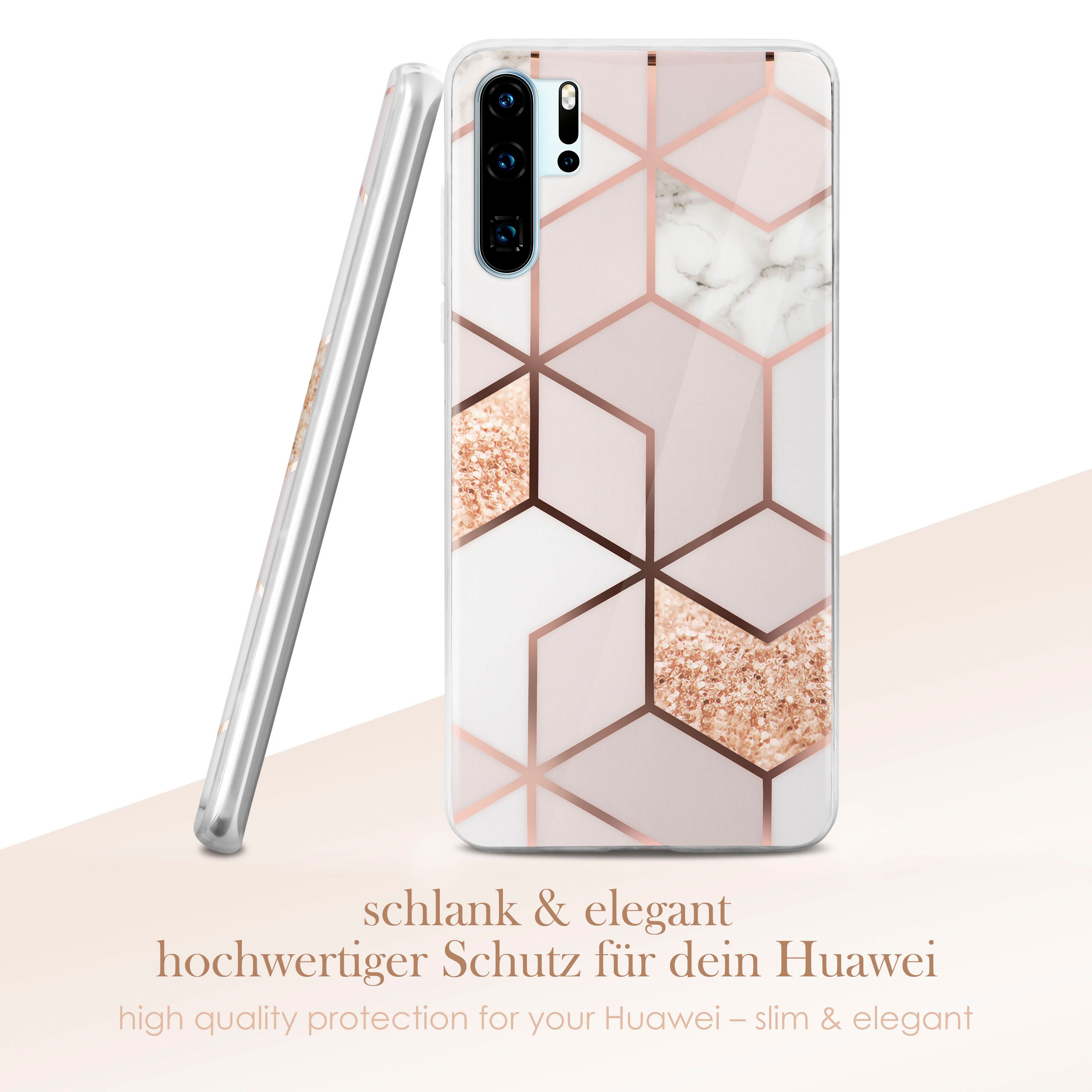 Handyhülle mit geometrischem Muster. Weiße und rosa Details. Weißer Hintergrund.