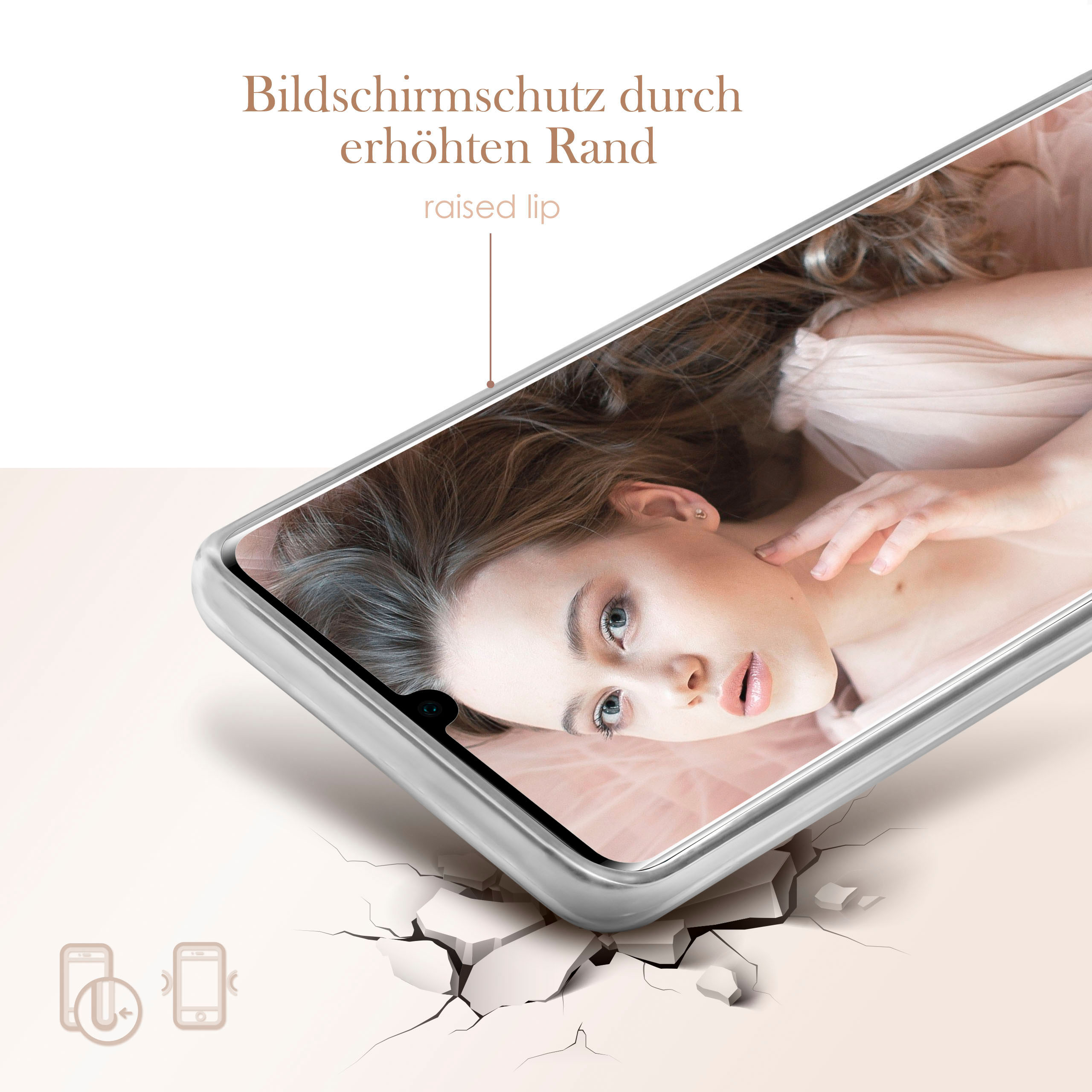 Ein Telefon in einer durchsichtigen Hülle. Das Gesicht einer Frau ist durch den Bildschirm sichtbar.