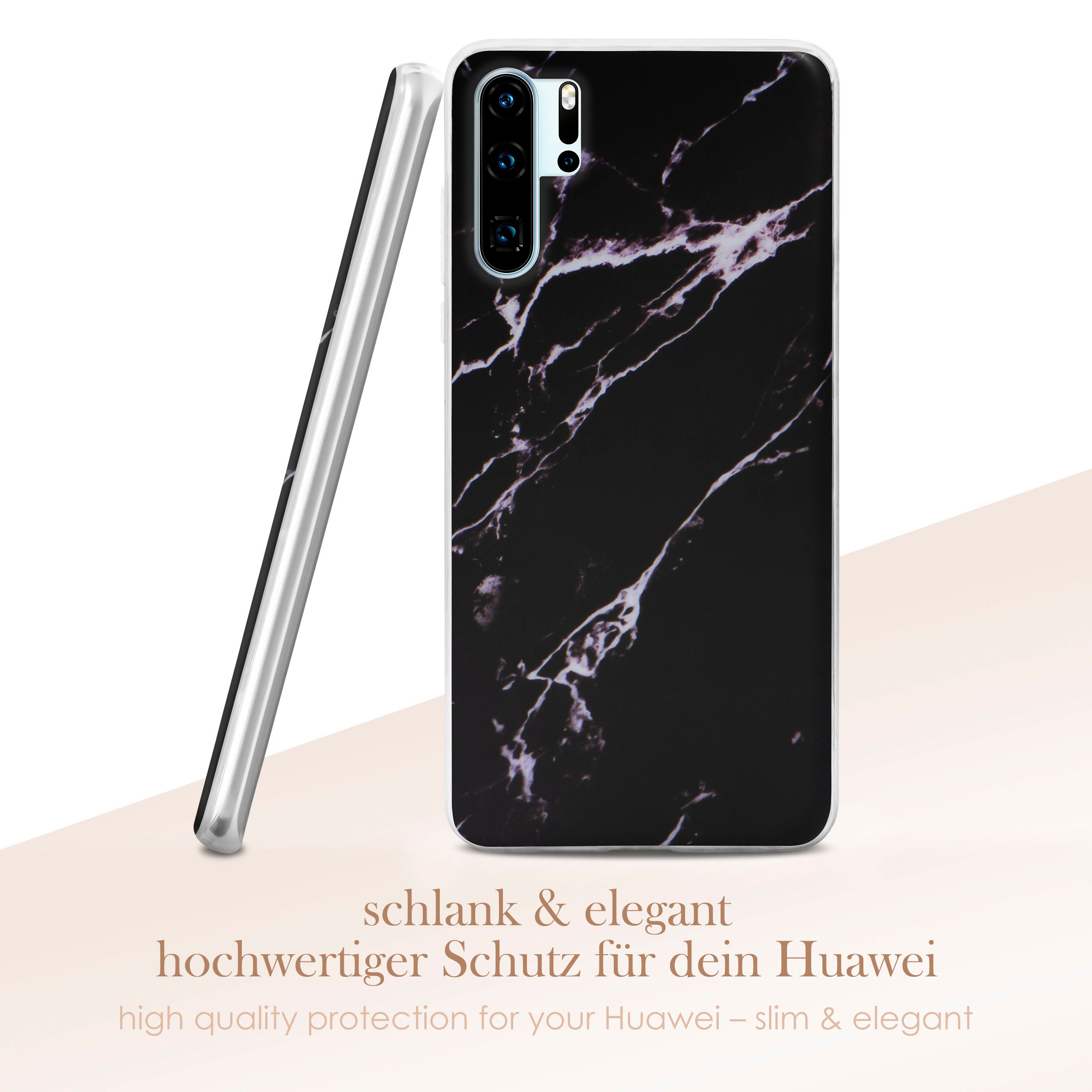 Eine Handyhülle mit Marmormuster wird gezeigt. Ein Telefon ist in der Hülle platziert.