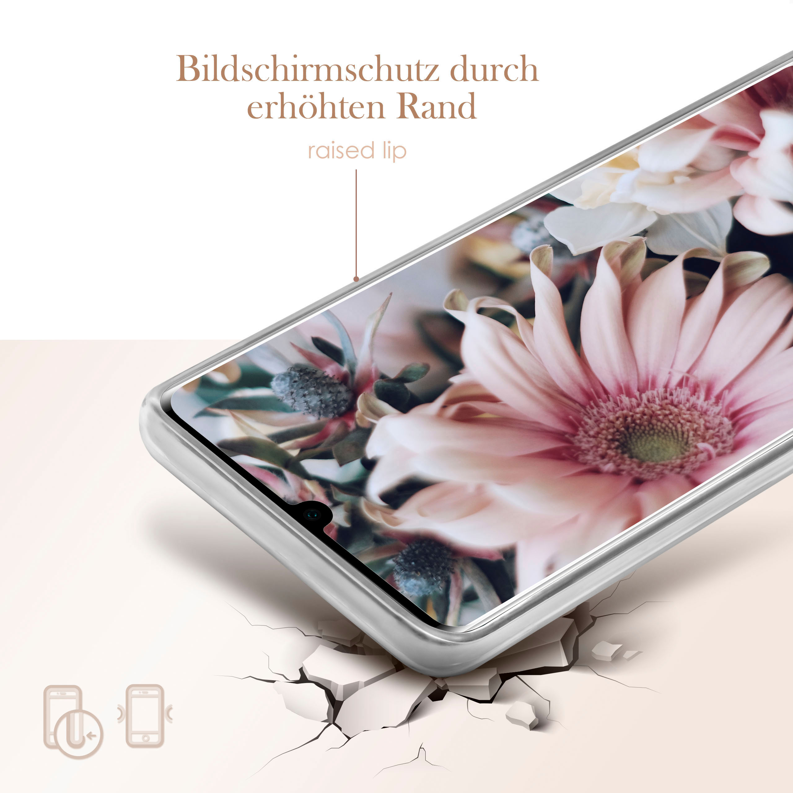 Ein Handy mit Marmordesign-Hülle, mit erhöhtem Rand zum Schutz des Bildschirms. Blumen sichtbar.