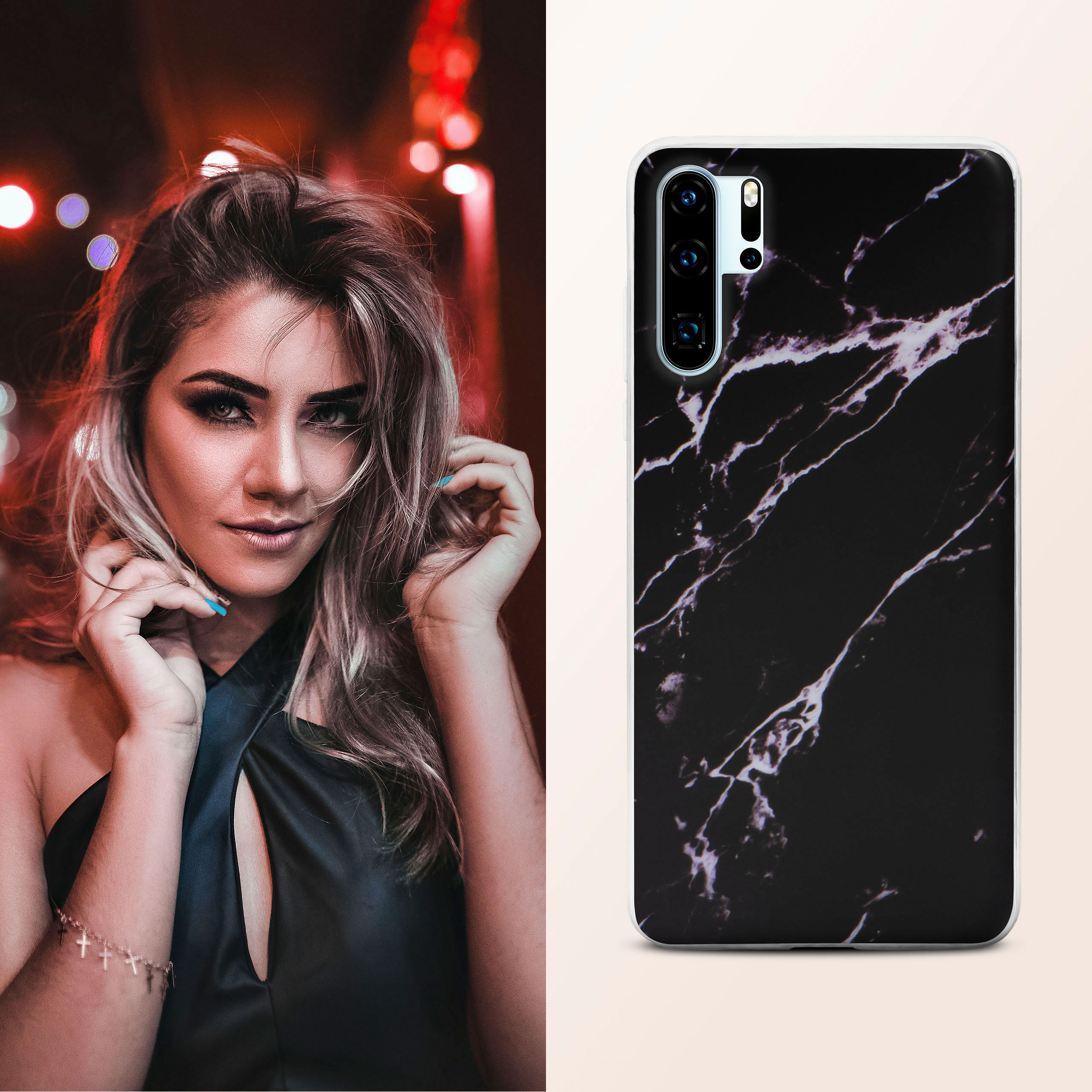 Frau mit blondem Haar, blickt in die Kamera. Neben einer Handyhülle mit Marmor-Design.
