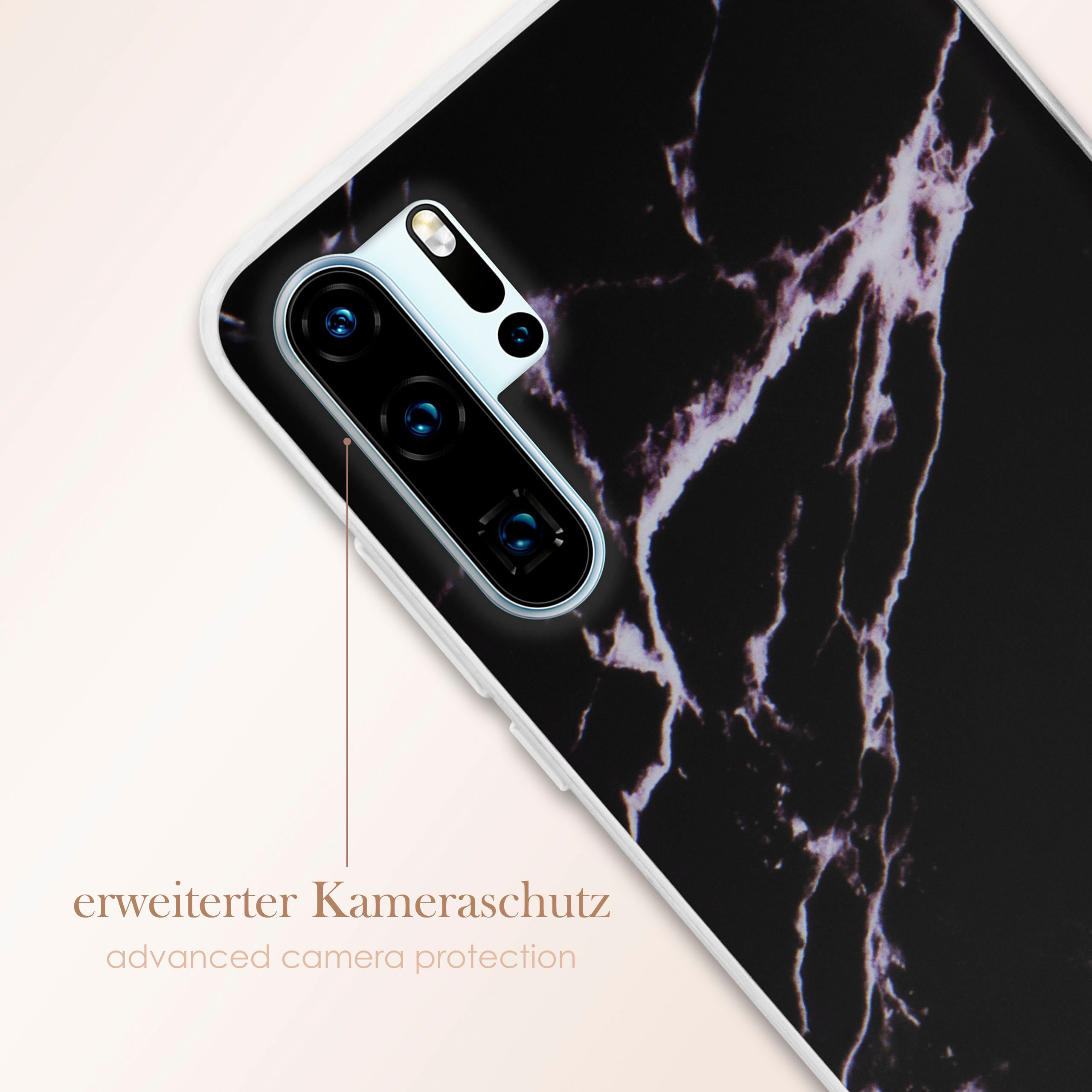 Schwarze Marmor-Handyhülle. Erweiterter Kameraschutz. Nahaufnahme der Kameralinsen.