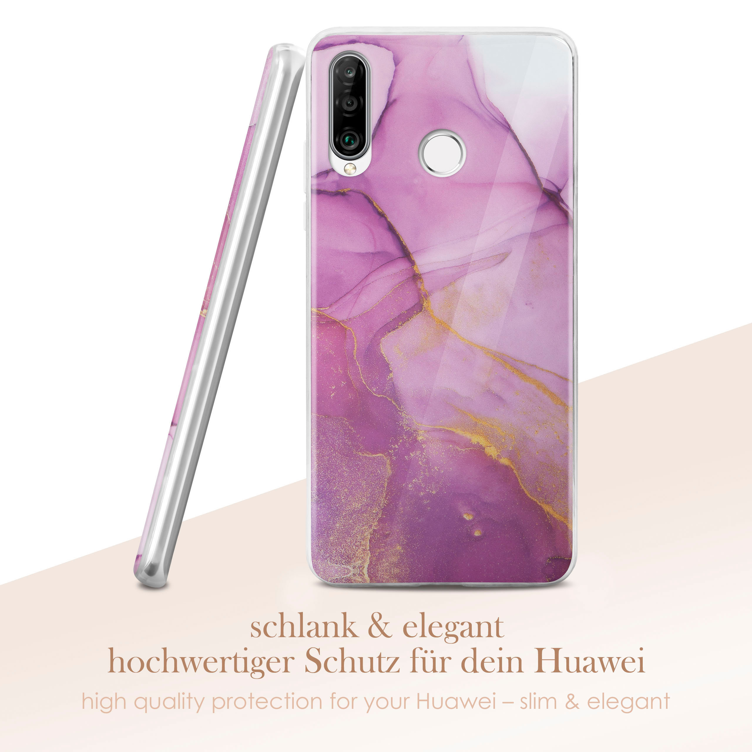 Handyhülle mit lila und goldfarbenem Marmordesign. Text: schlank & elegant.
