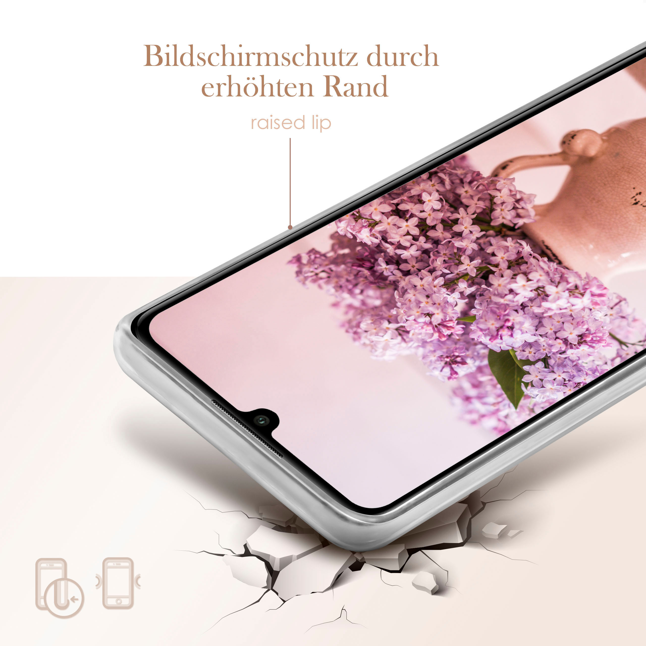 Telefonbildschirm in silberner Hülle mit erhöhtem Rand. Blumen im Hintergrund, weißer Hintergrund.