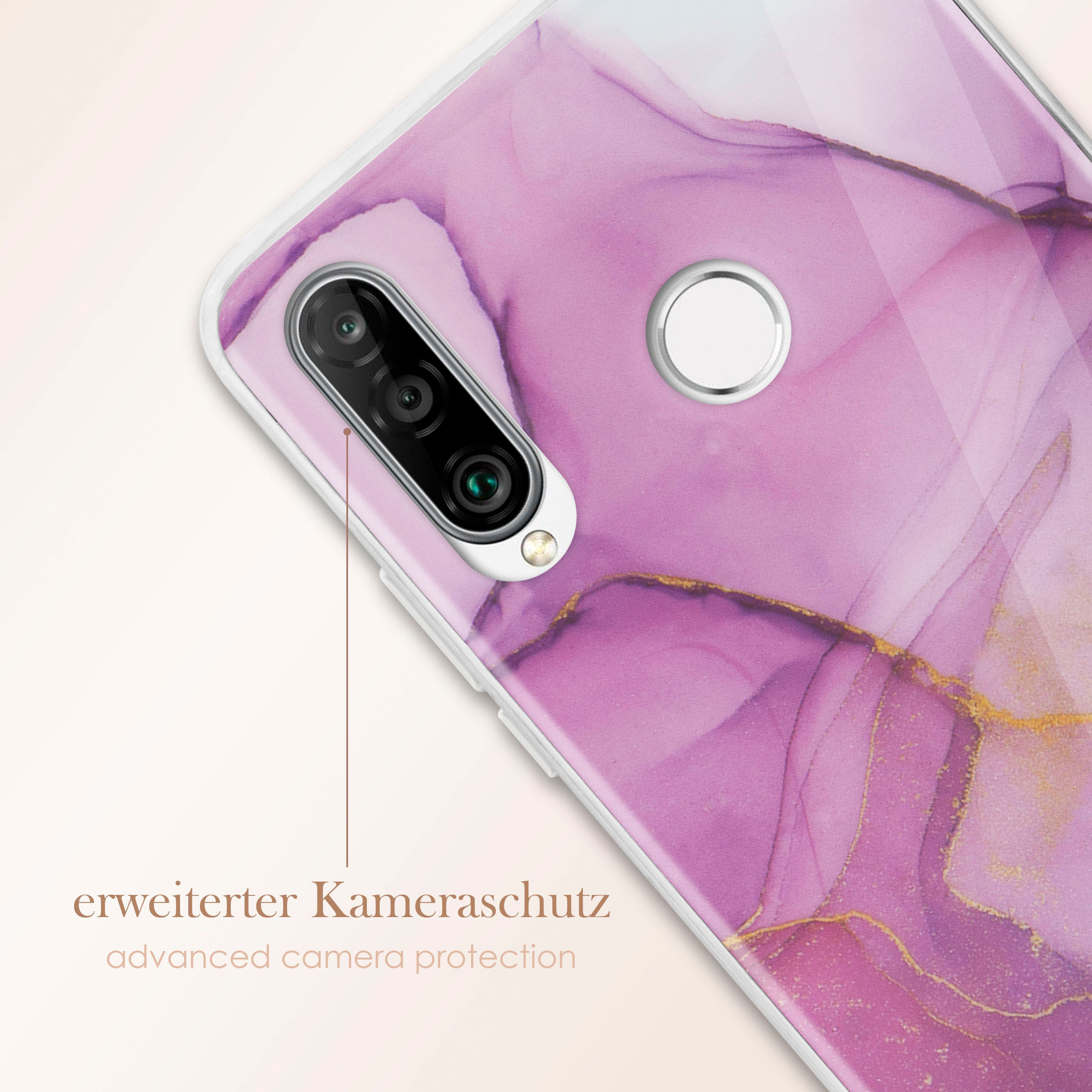 Nahaufnahme einer Handyhülle mit rosa-lila Marmormuster, mit Kamera und Text.