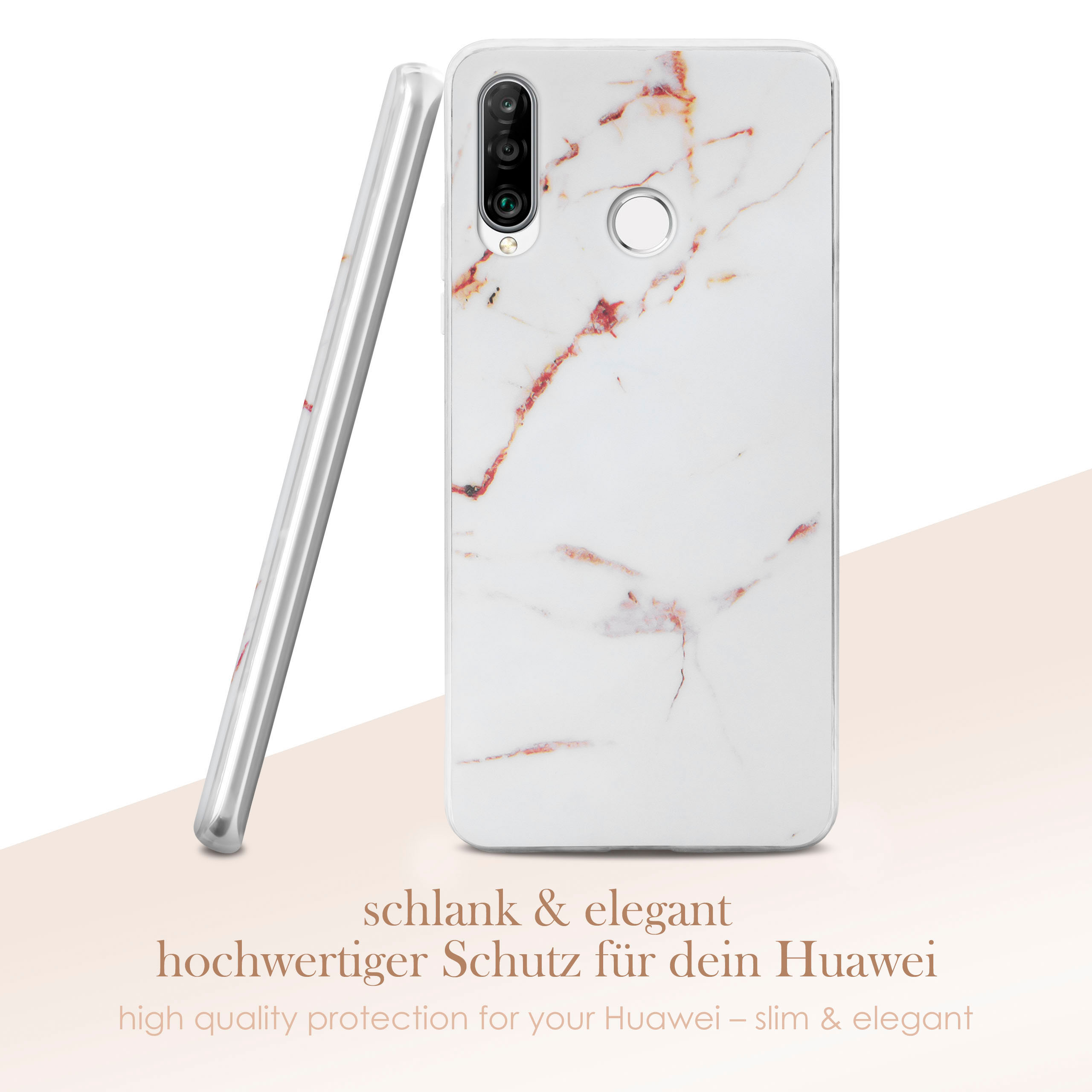 Handyhülle. Weißes Marmordesign. Deutscher Text: Hochwertiger Schutz für Ihr Huawei.