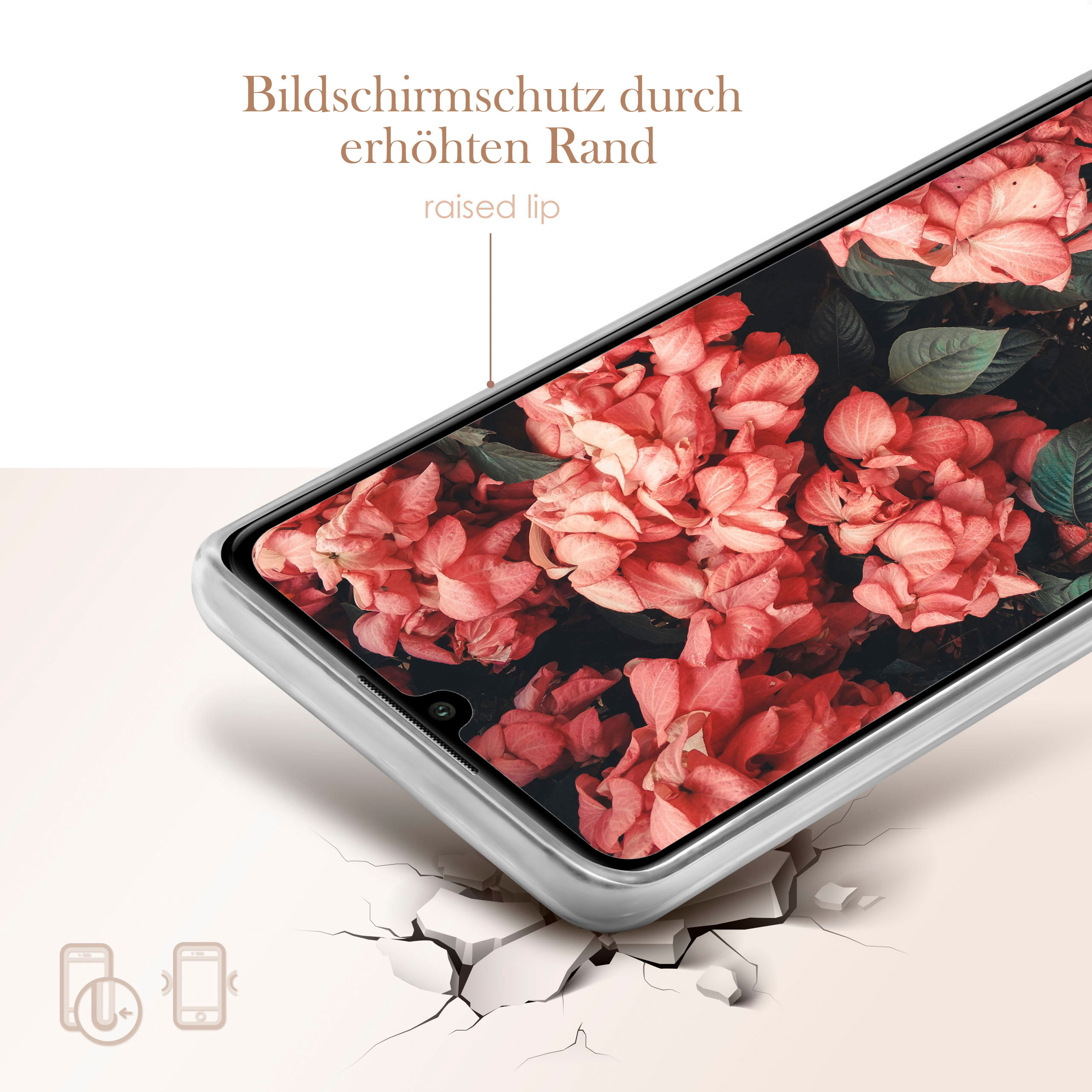 Eine Handyhülle auf weißer Oberfläche, Bildschirm zeigt rote Blumen, mit Text über erhöhten Rand.