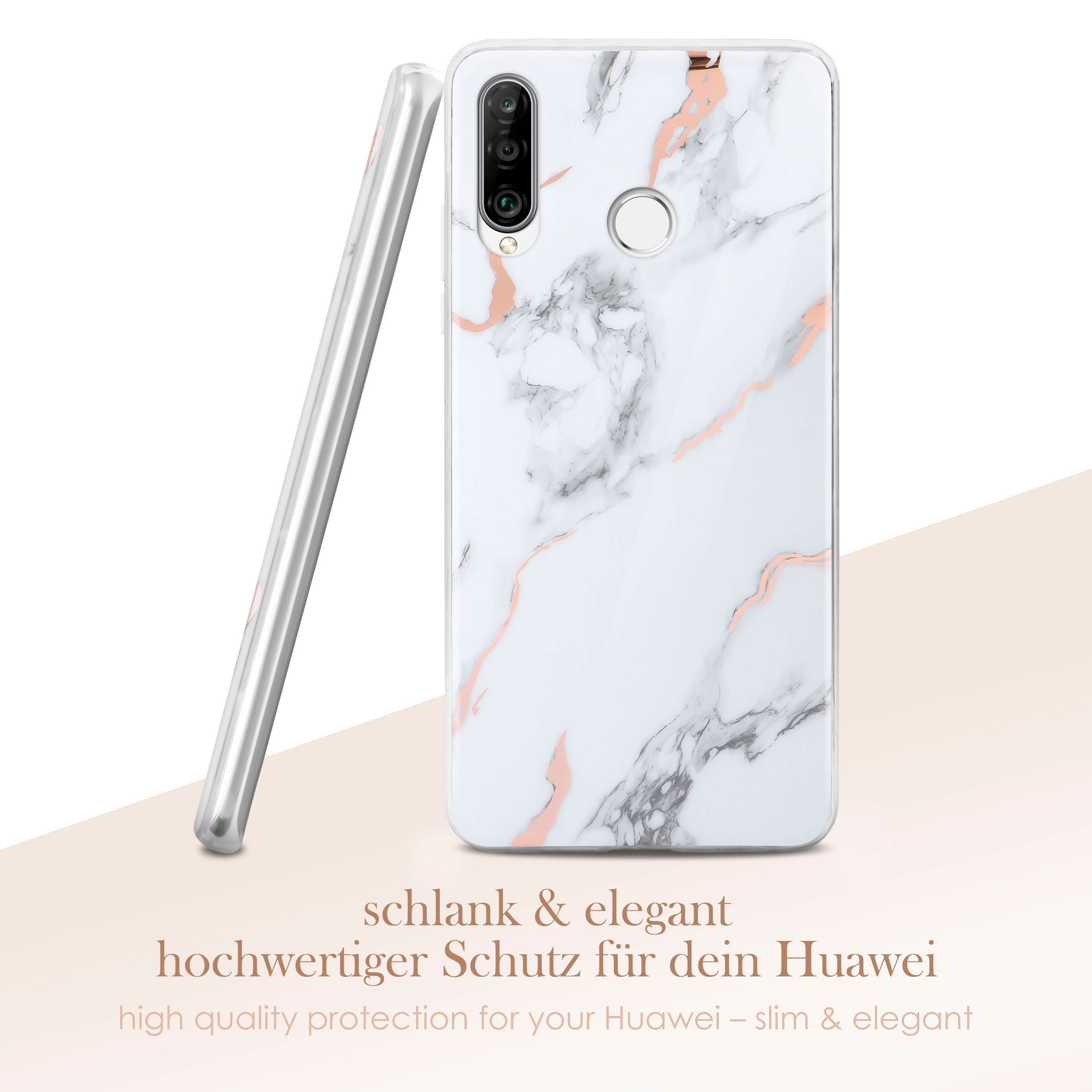 Handyhülle mit Marmordesign, weiß und rosa. Ein Telefon daneben, beide auf weichem Hintergrund.