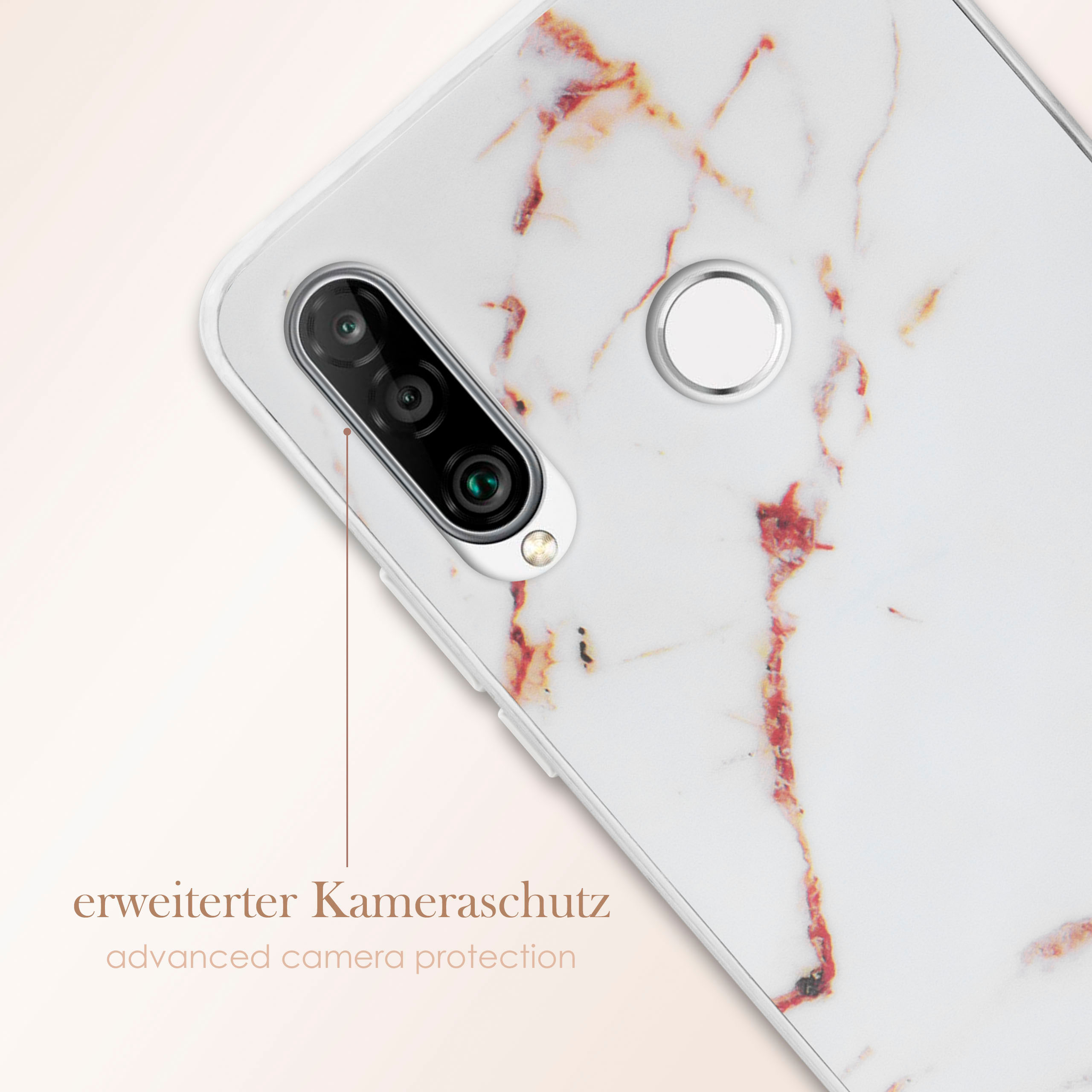 Nahaufnahme einer Handyhülle mit Marmor-Design. Text: erweiterter Kameraschutz.