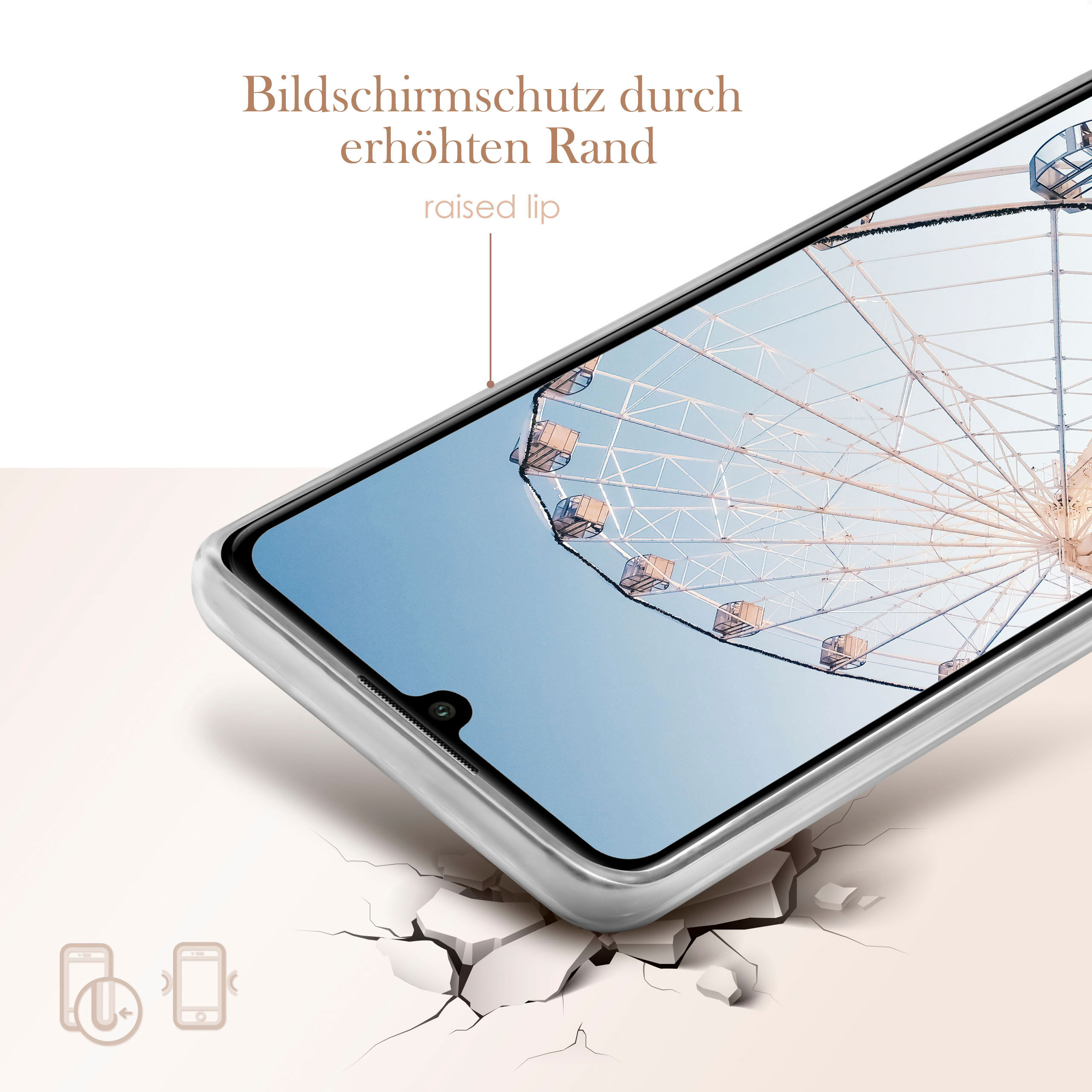 Handyhülle mit erhöhtem Rand, gesprungener Boden und Text 'Bildschirmschutz durch erhöhten Rand'.
