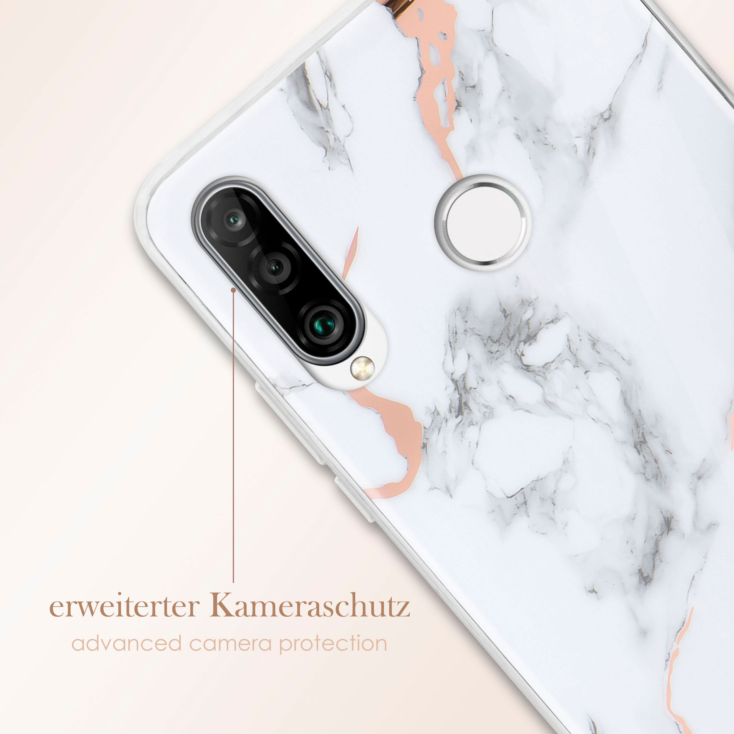 Handyhülle mit Marmordesign, Kamerabereich sichtbar. Text sagt 'erweiterter Kameraschutz'.