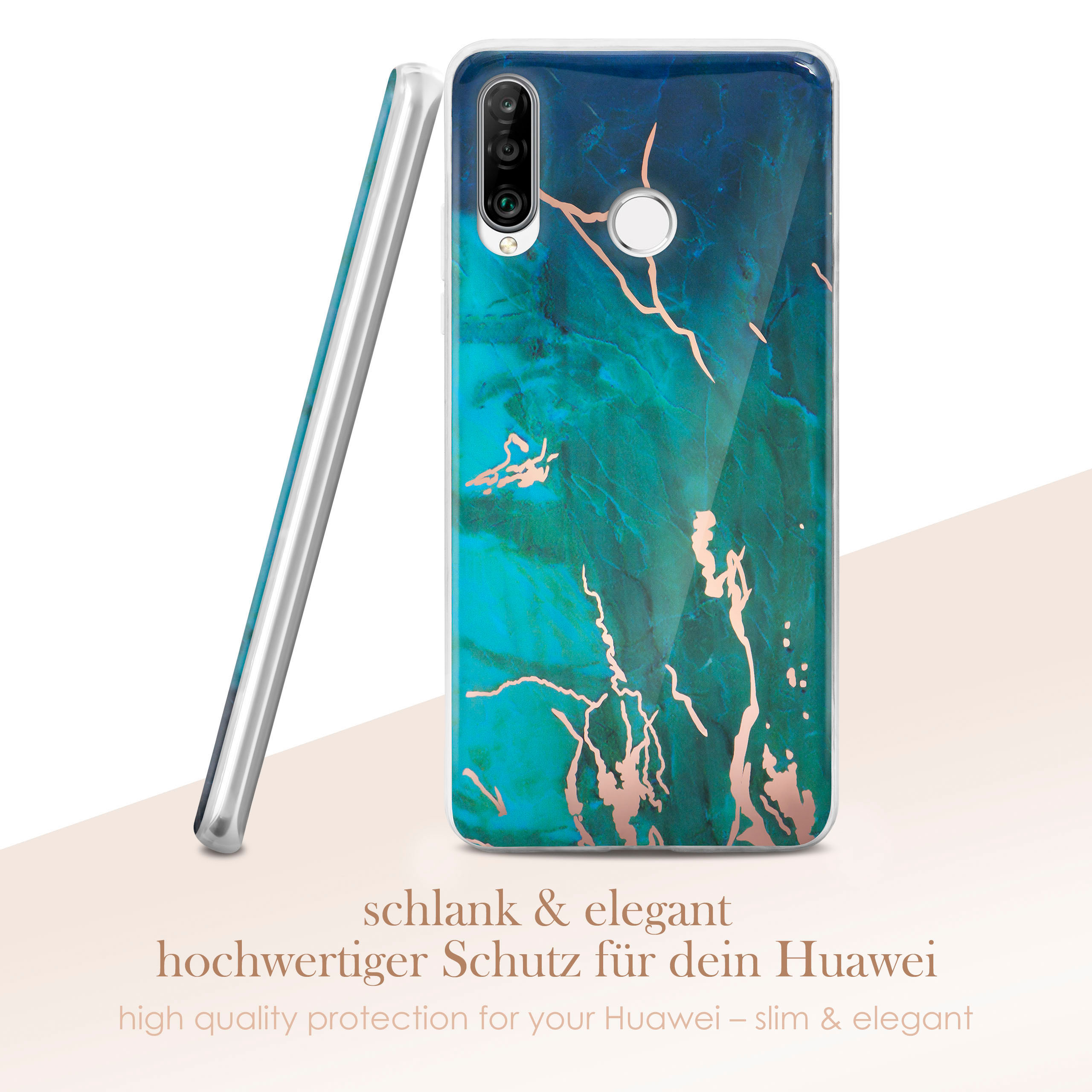 Eine Handyhülle mit Marmor-Design auf der Rückseite und einem silbernen Rahmen. Das Telefon ist leicht angewinkelt.