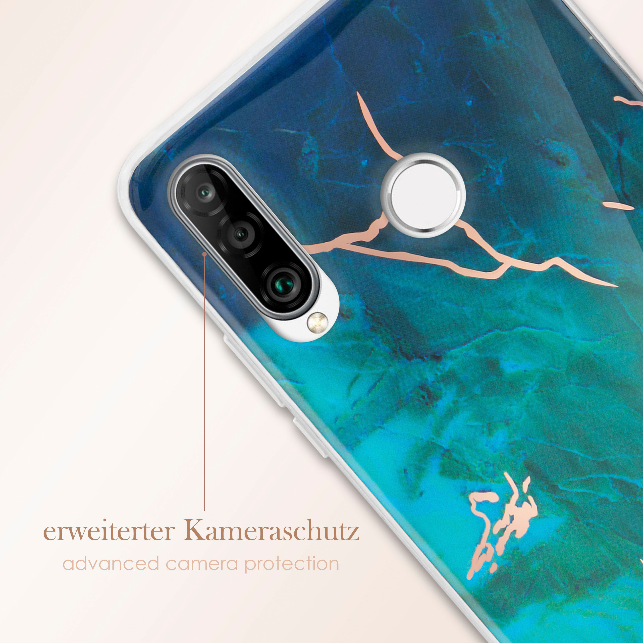 Handyhülle mit Marmordesign. Blau- und Goldtöne. Der Text sagt Kameraschutz.