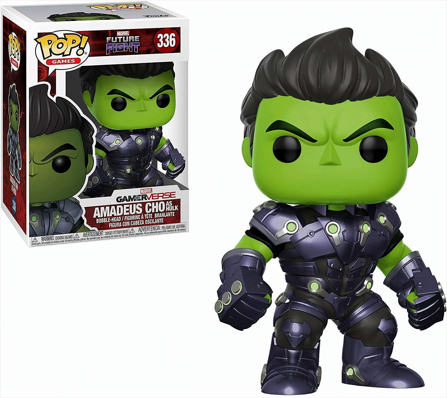 Action figure di Hulk in scatola, versione gamerverse. Hulk verde in armatura viola, stile bobblehead.