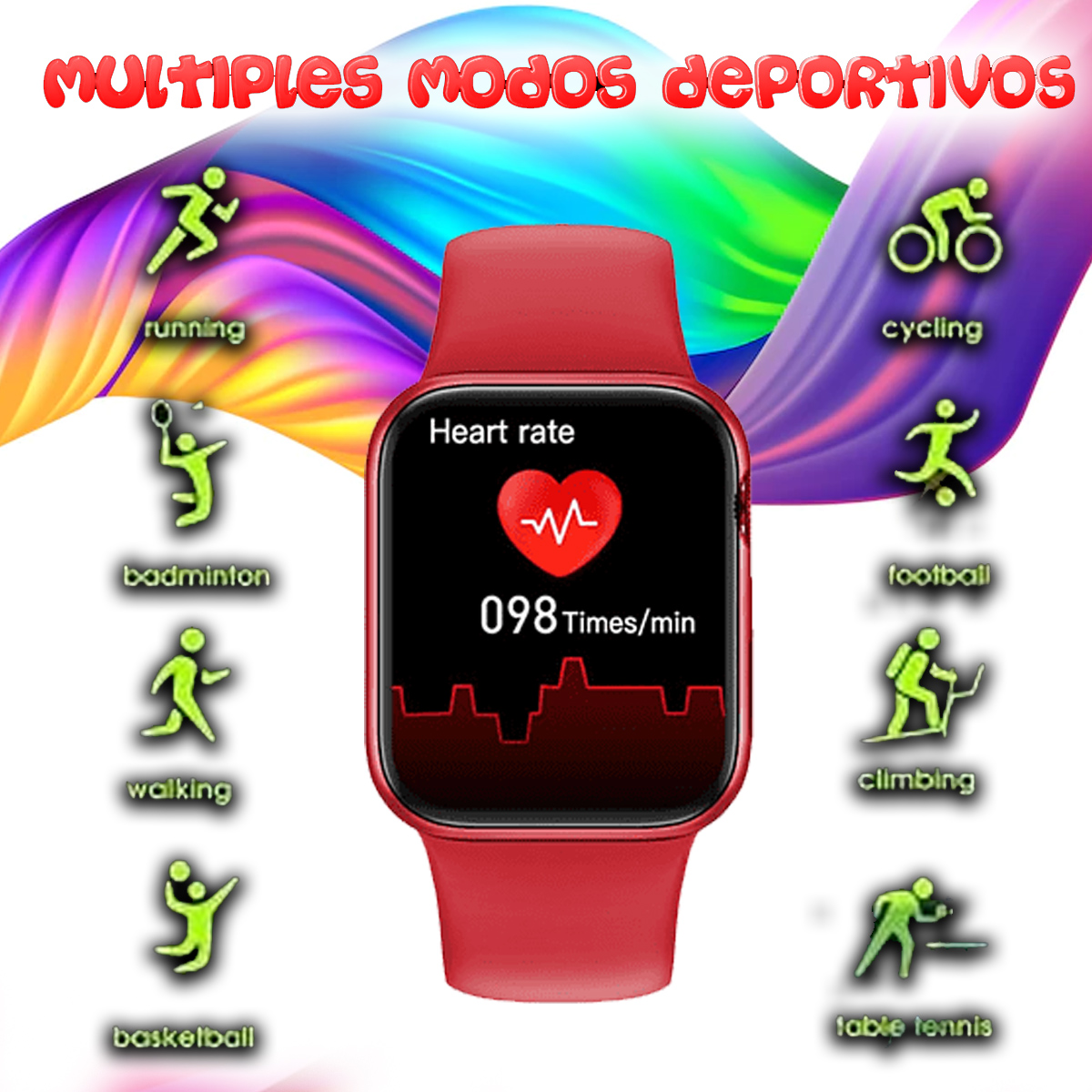 Smartwatch roja muestra frecuencia cardíaca (98) e iconos de actividad: correr, ciclismo, bádminton, fútbol, caminar, escalar, baloncesto, tenis de mesa.