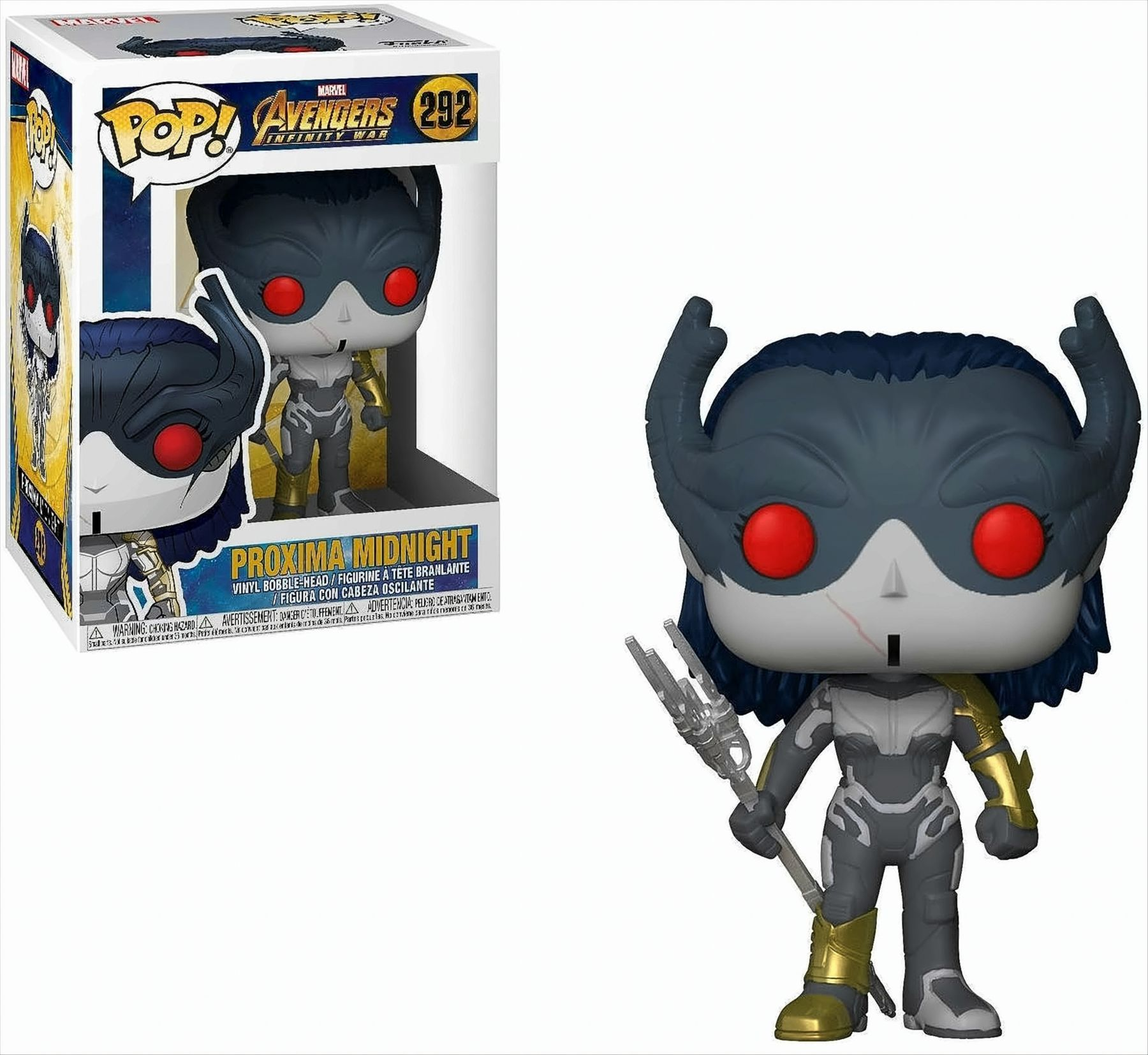 Proxima Midnight Funko Pop Figur in und aus der Box. Schwarzes und graues Outfit, rote Augen, hält eine Waffe.