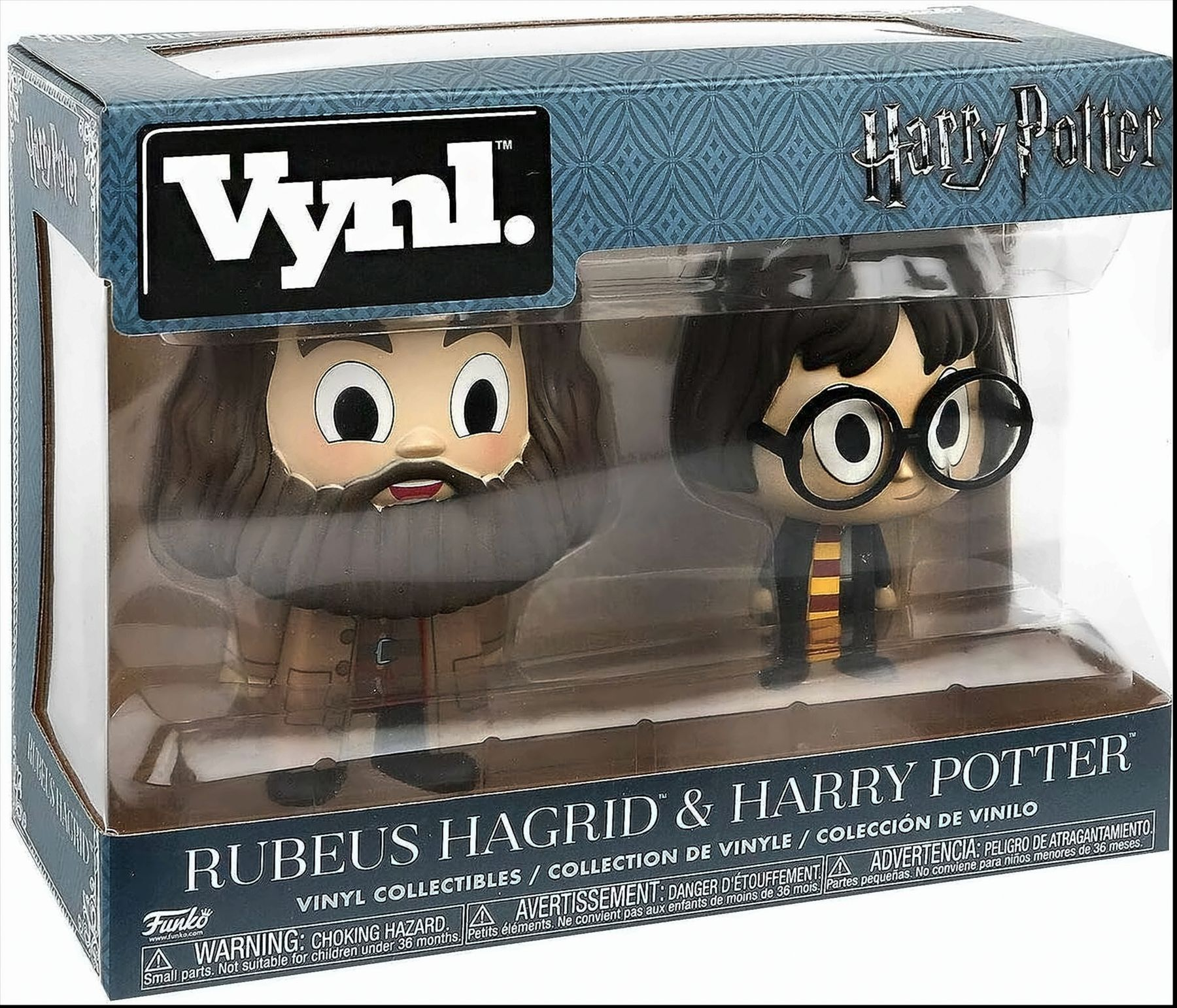 Funko Vynl Harry Potter Figuren in einer Box. Hagrid und Harry Figuren sind sichtbar.