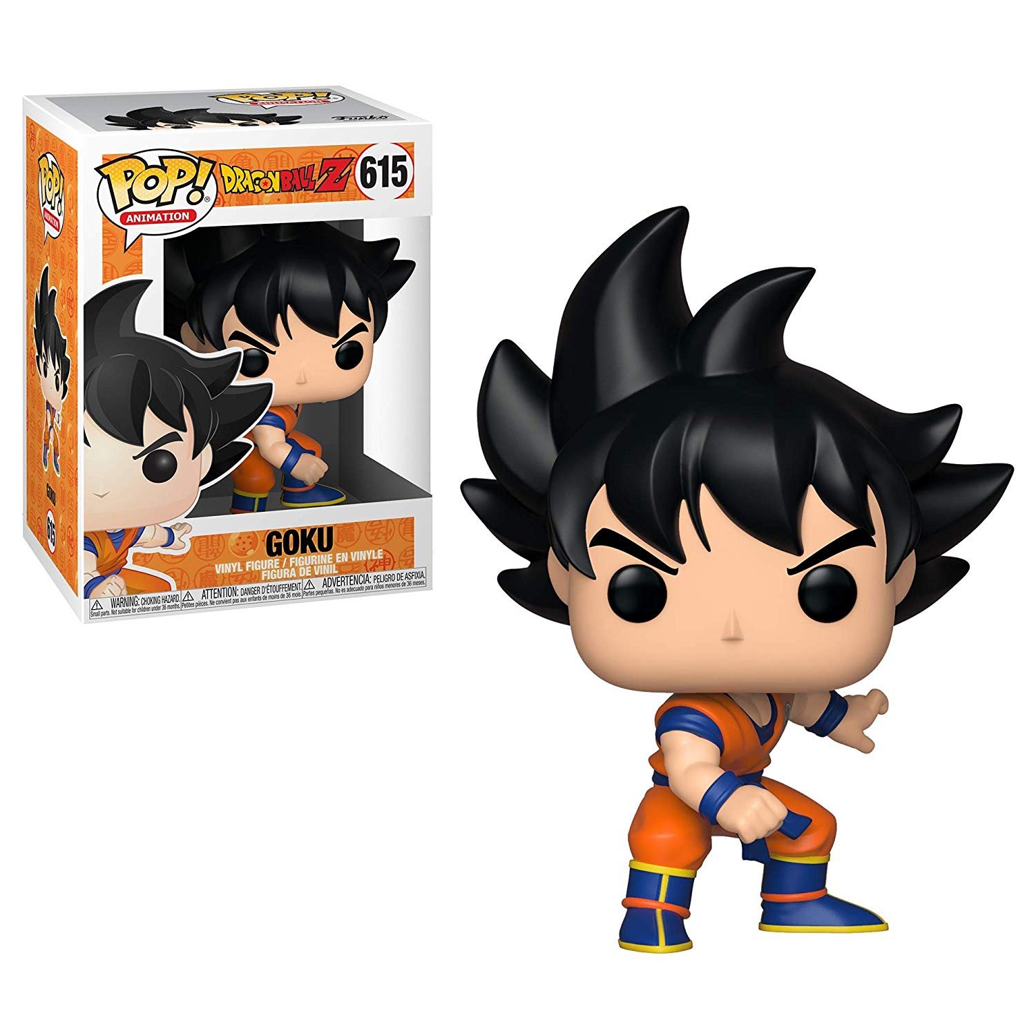 Figura de Goku con traje naranja y azul, con caja que muestra la figura, fondo blanco.