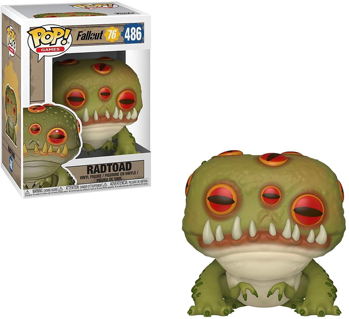 Radtoad Fallout 76 POP-Figur in Box. Grün, rot und weiß. Weißer Hintergrund.