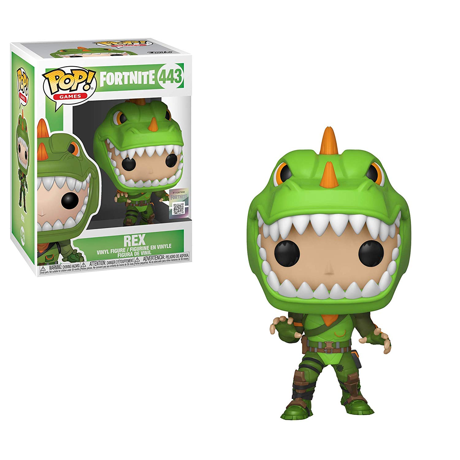 Fortnite Rex Figur im Dinosaurierkostüm mit grünen und orangen Farben. Verpackt.