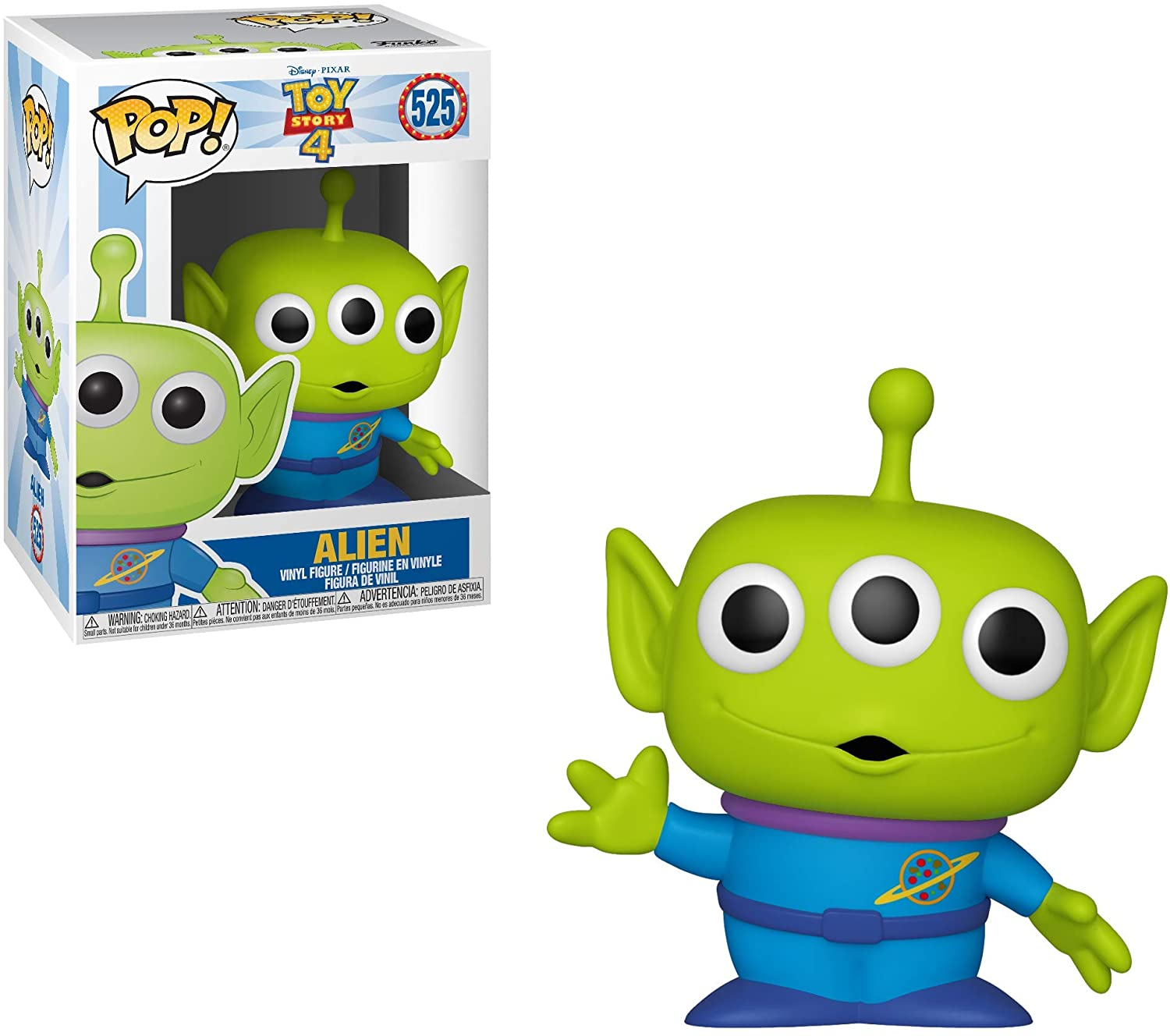 Toy Story Alien Figur in und außerhalb der Box auf weißem Hintergrund. Grüne Figur.
