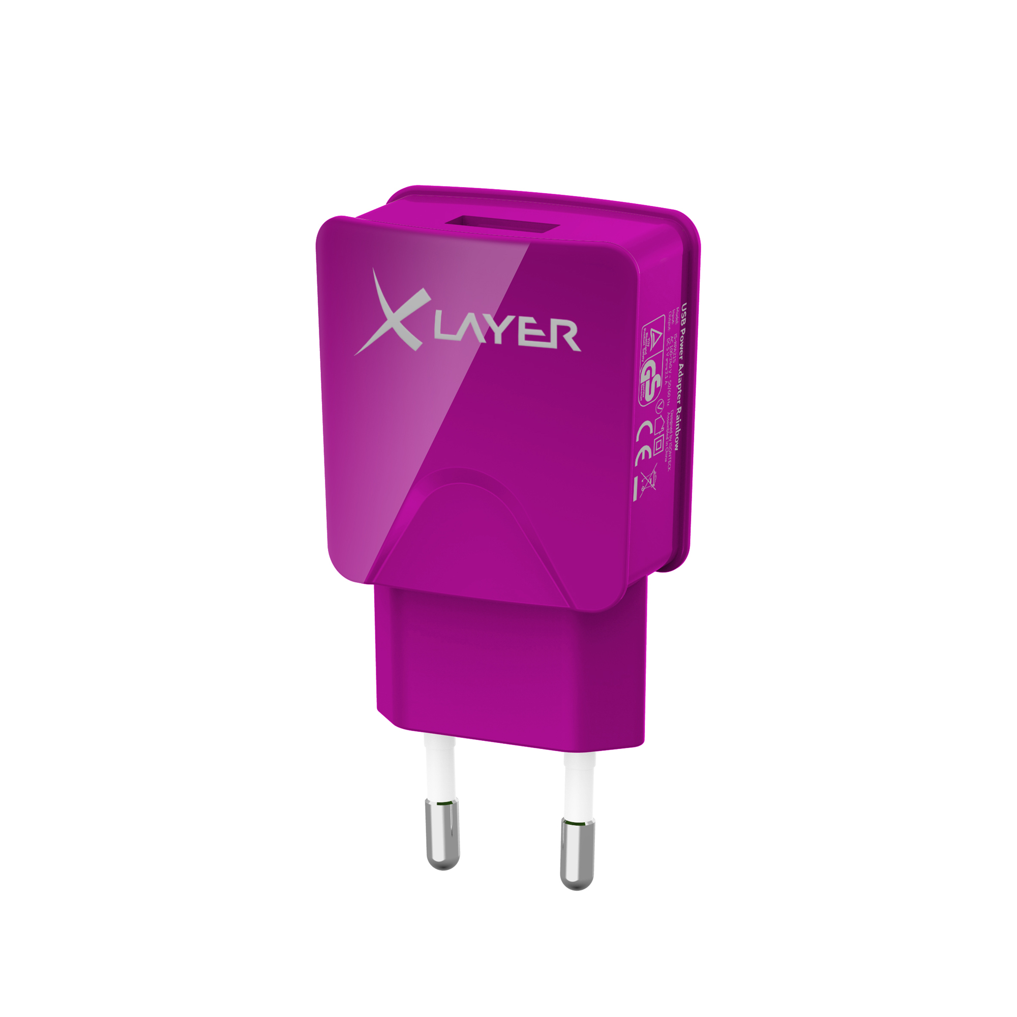 Lila USB-Ladegerät mit zwei Stiften. Das Ladegerät hat das X Layer-Logo und einen USB-Anschluss.
