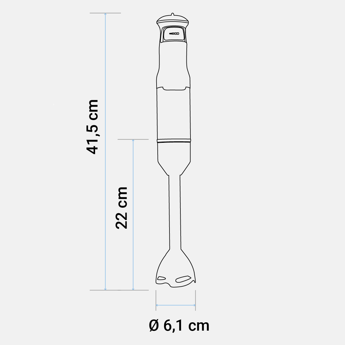 Disegno tecnico di un frullatore a immersione con dimensioni: 41,5 cm lunghezza totale, 22 cm lunghezza asta, 6,1 cm diametro.