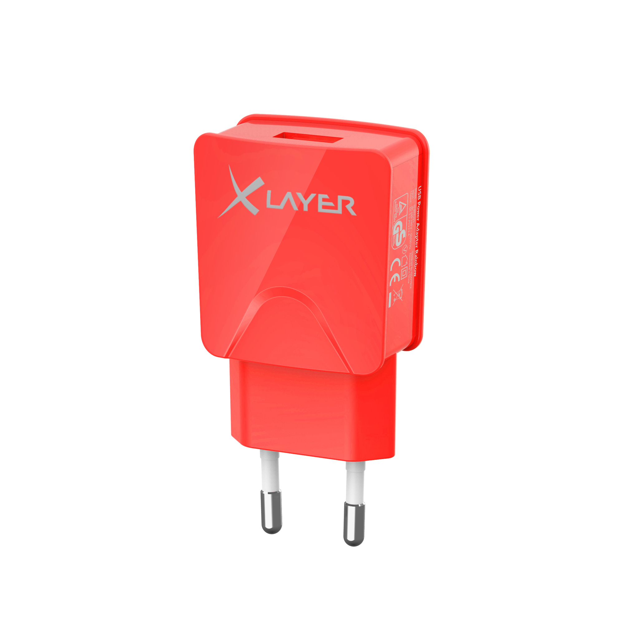 Rotes USB-Ladegerät mit zwei Stiften. Das Ladegerät hat das X Layer-Logo und einen USB-Anschluss.