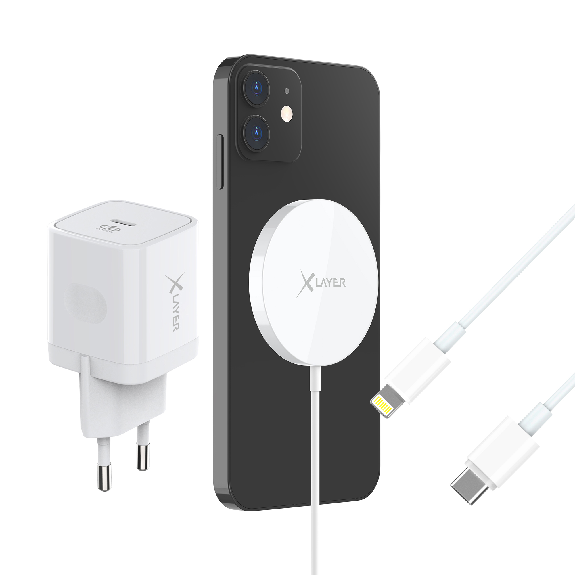 XLAYER MagFix Pro Starter Set iphone,apple, Weiß kompatibles Kabel, MFI Ladegerät 12 auf 20W Netzteil, Lightning USB-C Ladegerät Magsafe Volt