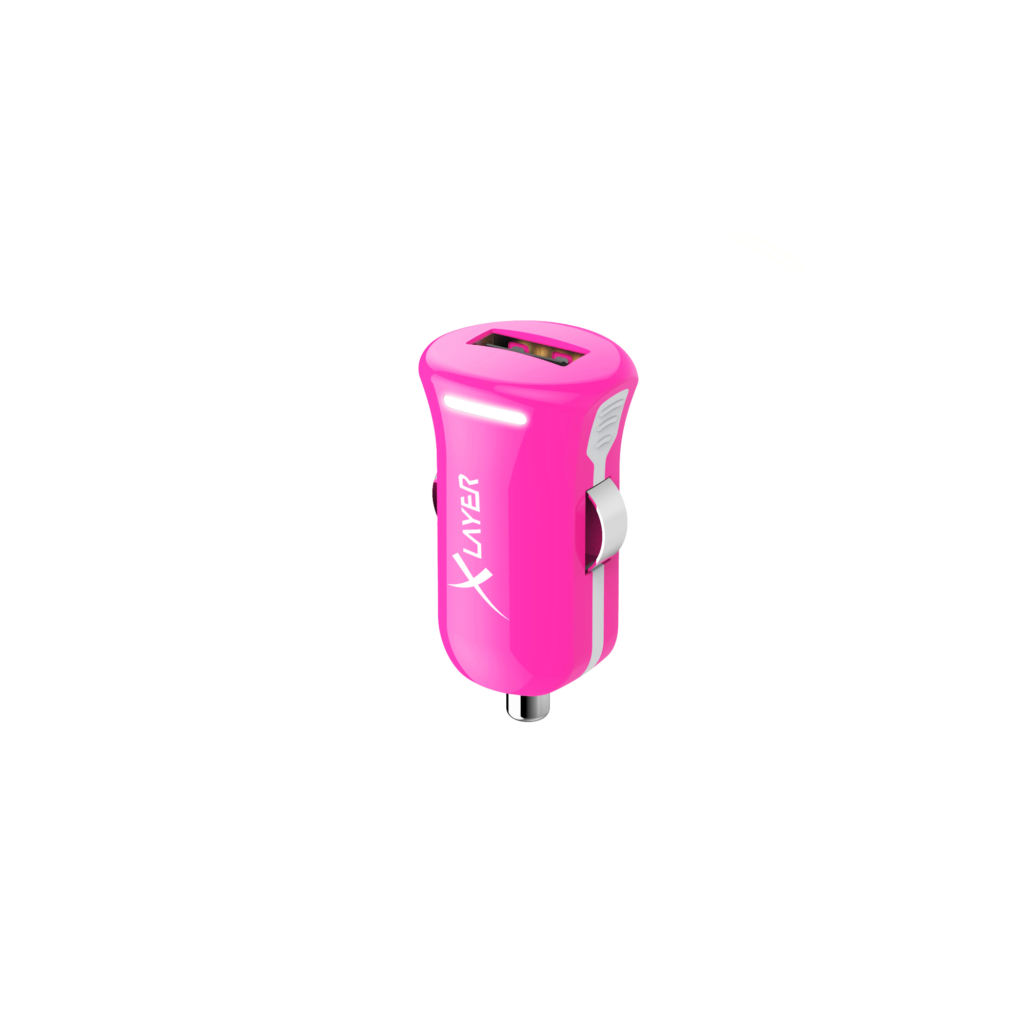 Rosa Autoladegerät mit USB-Anschluss. Der Markenname ist XLayer. Weißer Hintergrund.