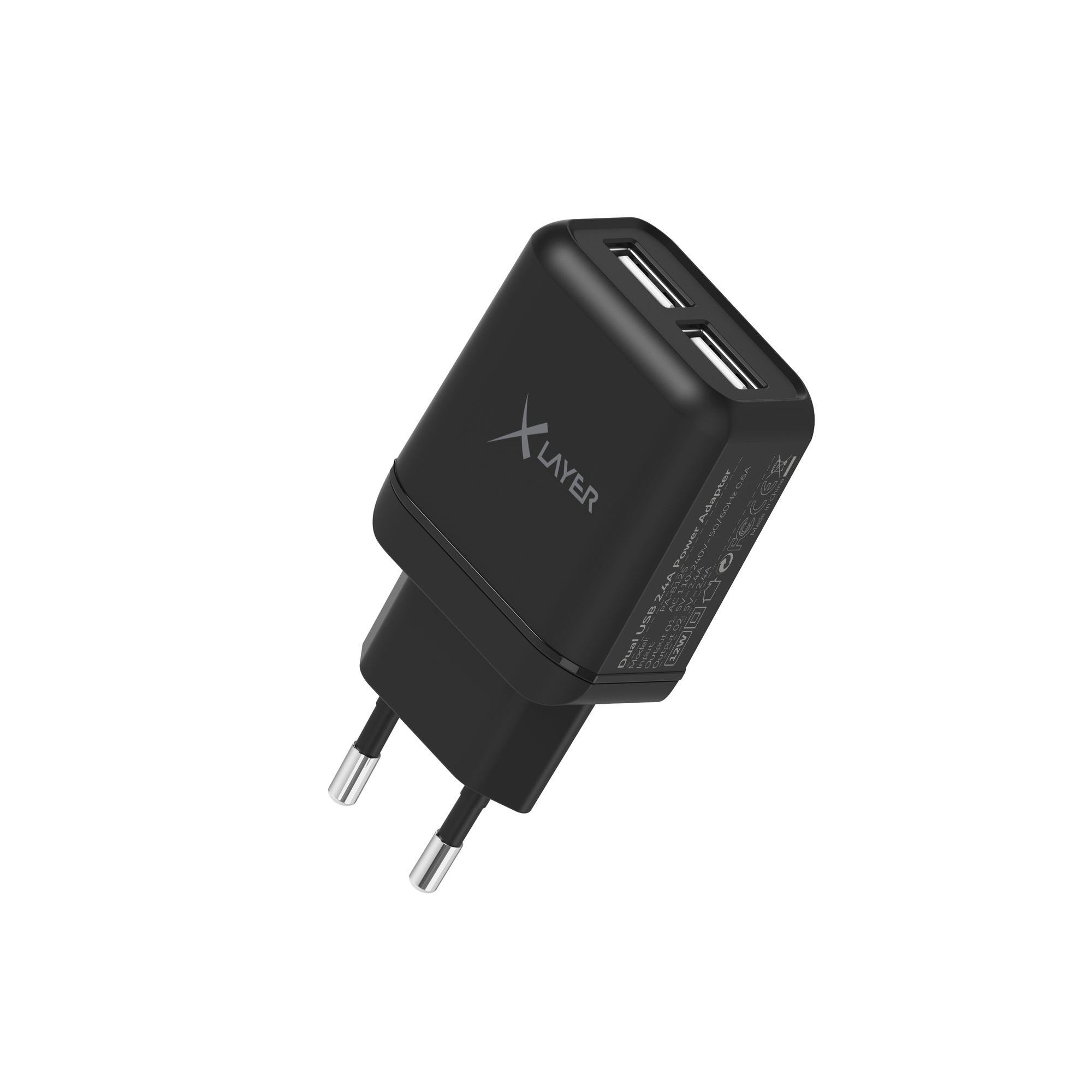 Schwarzes USB-Ladegerät mit zwei Anschlüssen, beschriftet XLayer.