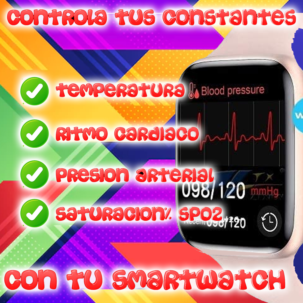 Una pantalla de reloj inteligente que muestra métricas de salud: frecuencia cardíaca, presión arterial, saturación de oxígeno y temperatura.