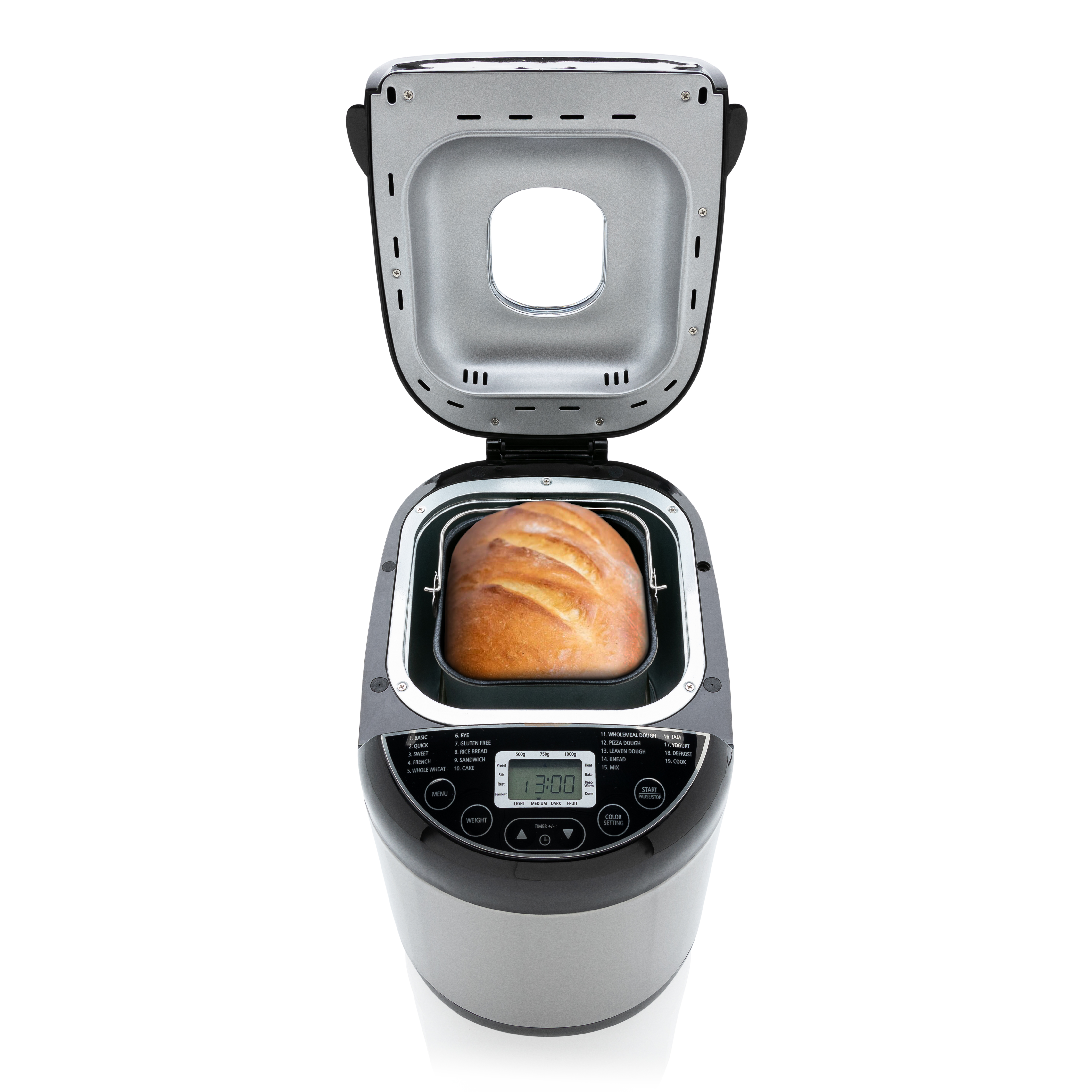 Brotautomat mit offenem Deckel, der ein Brotlaib zeigt. Die Bedienelemente befinden sich vorne.