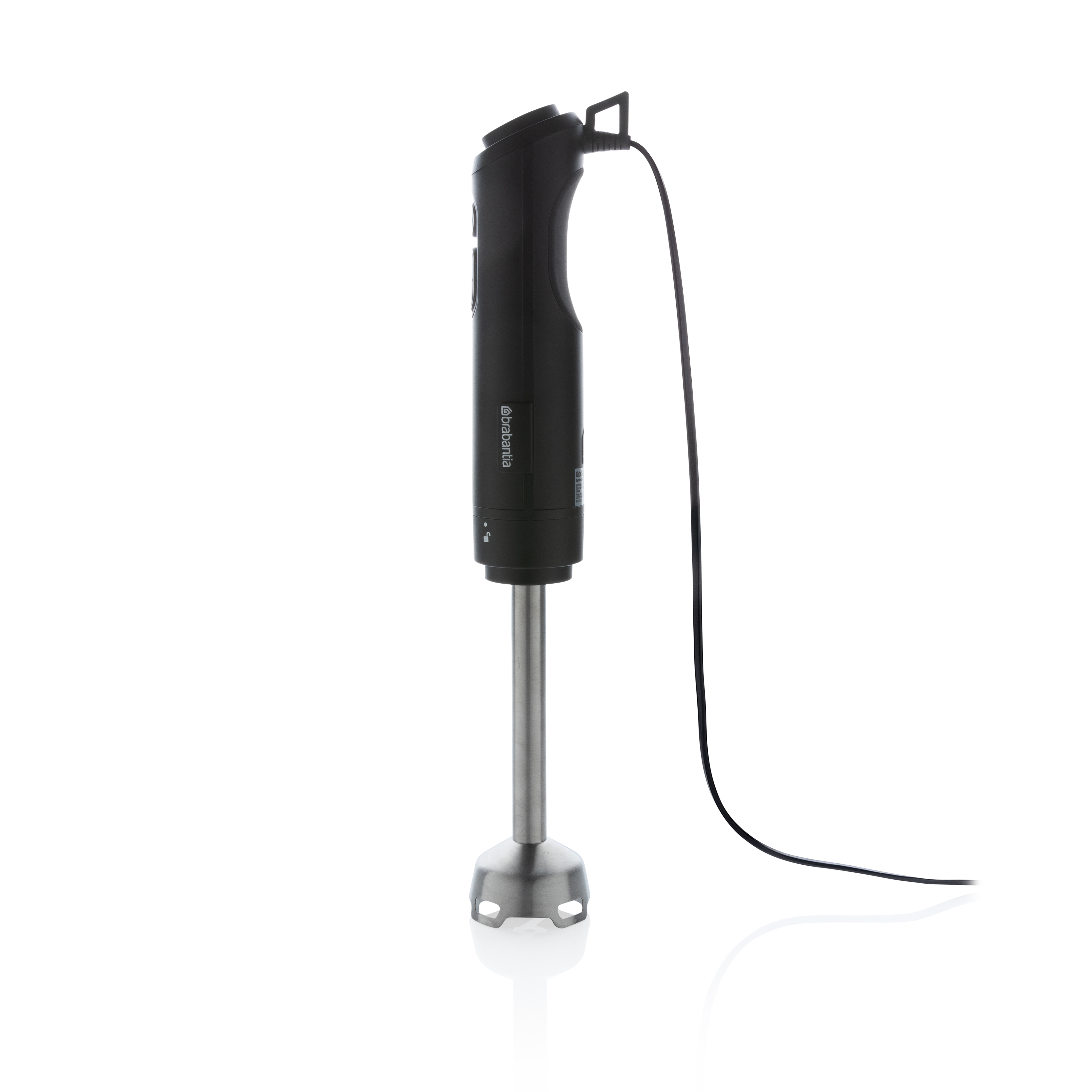 Black hand blender with a stainless steel blade and a black power cord on a white background.