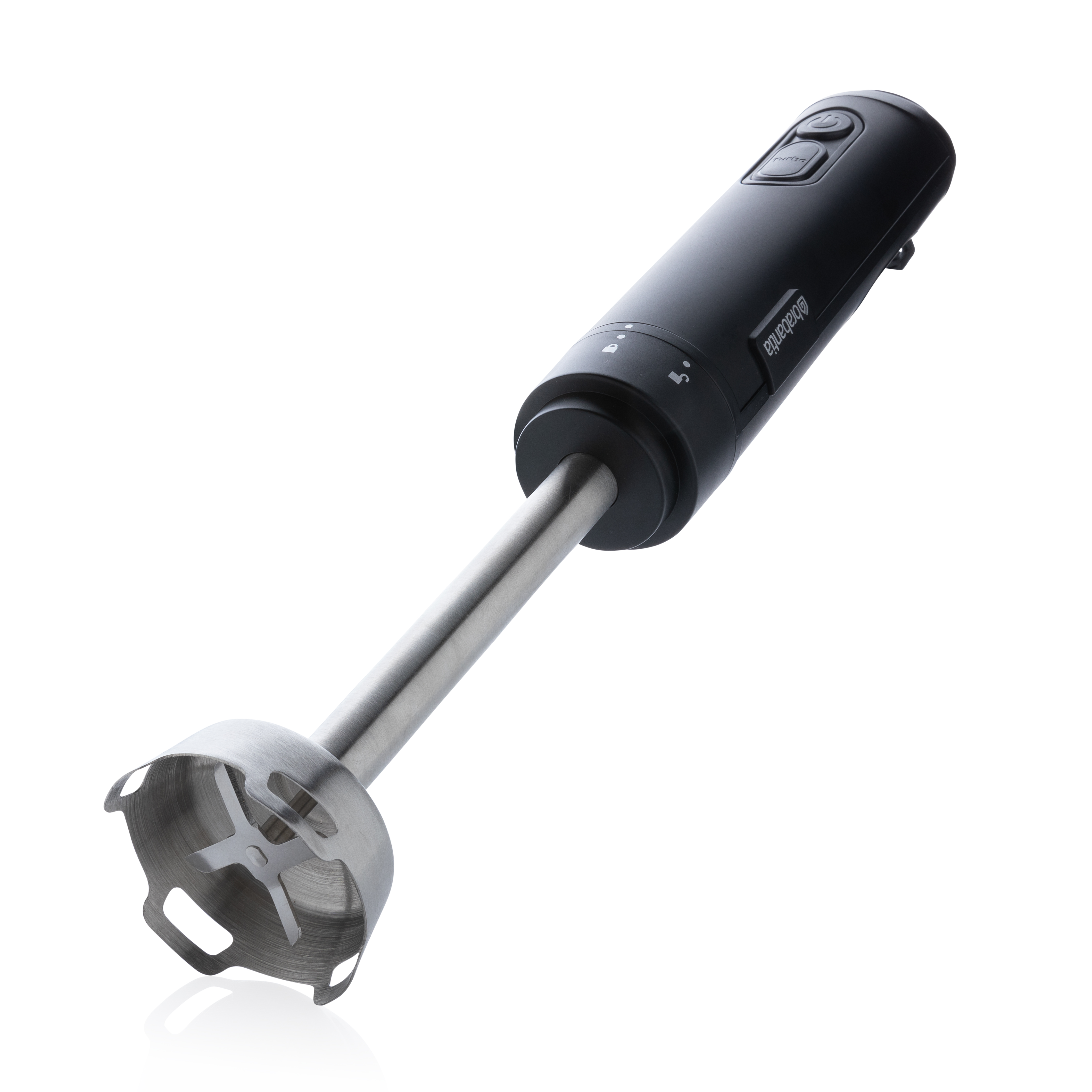 Black hand blender with a stainless steel blending head.