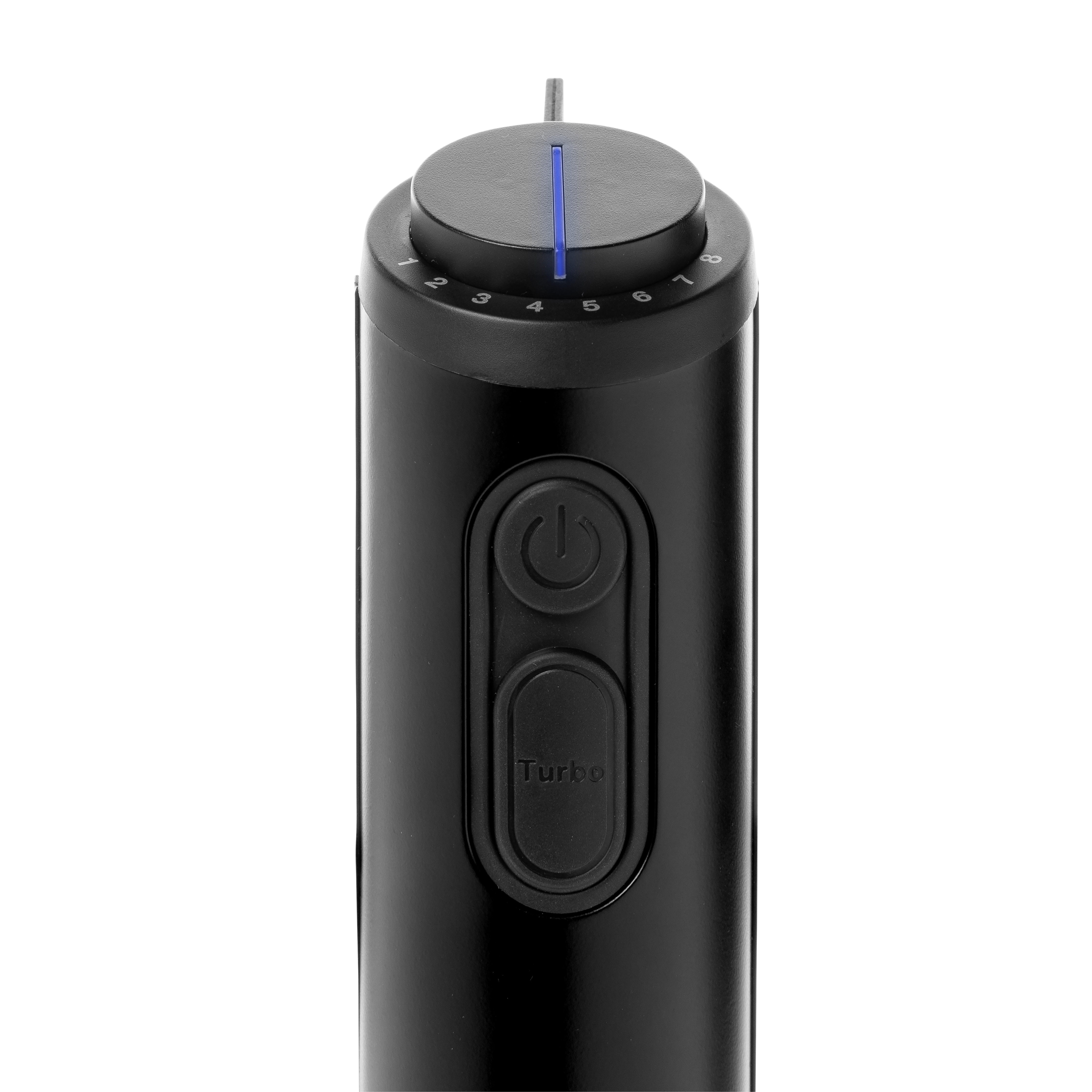 Zwarte staafmixer met genummerde snelheidsregelaar en turboknop.