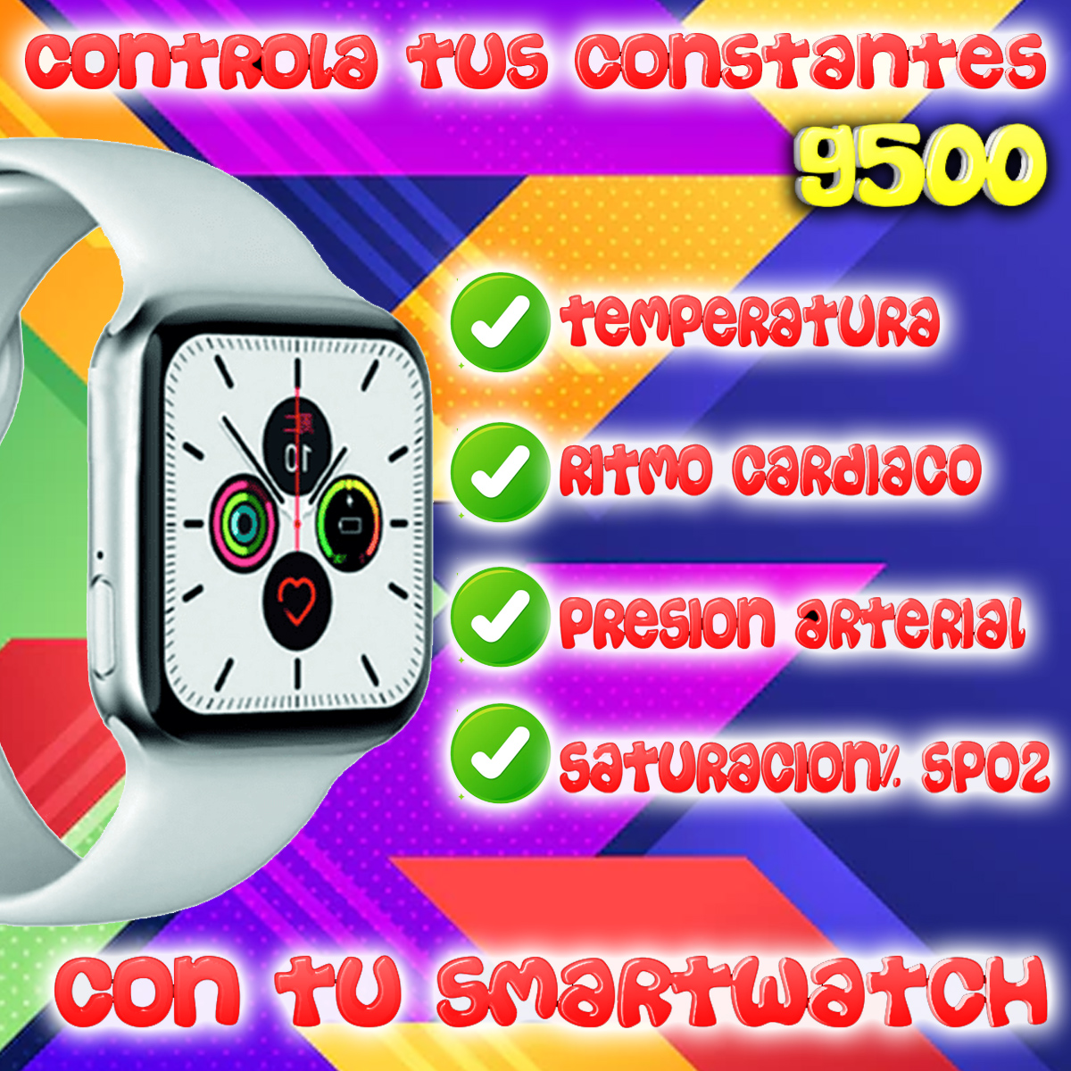 Smartwatch con una banda plateada. Muestra la temperatura, la frecuencia cardíaca, la presión arterial y el SPO2.