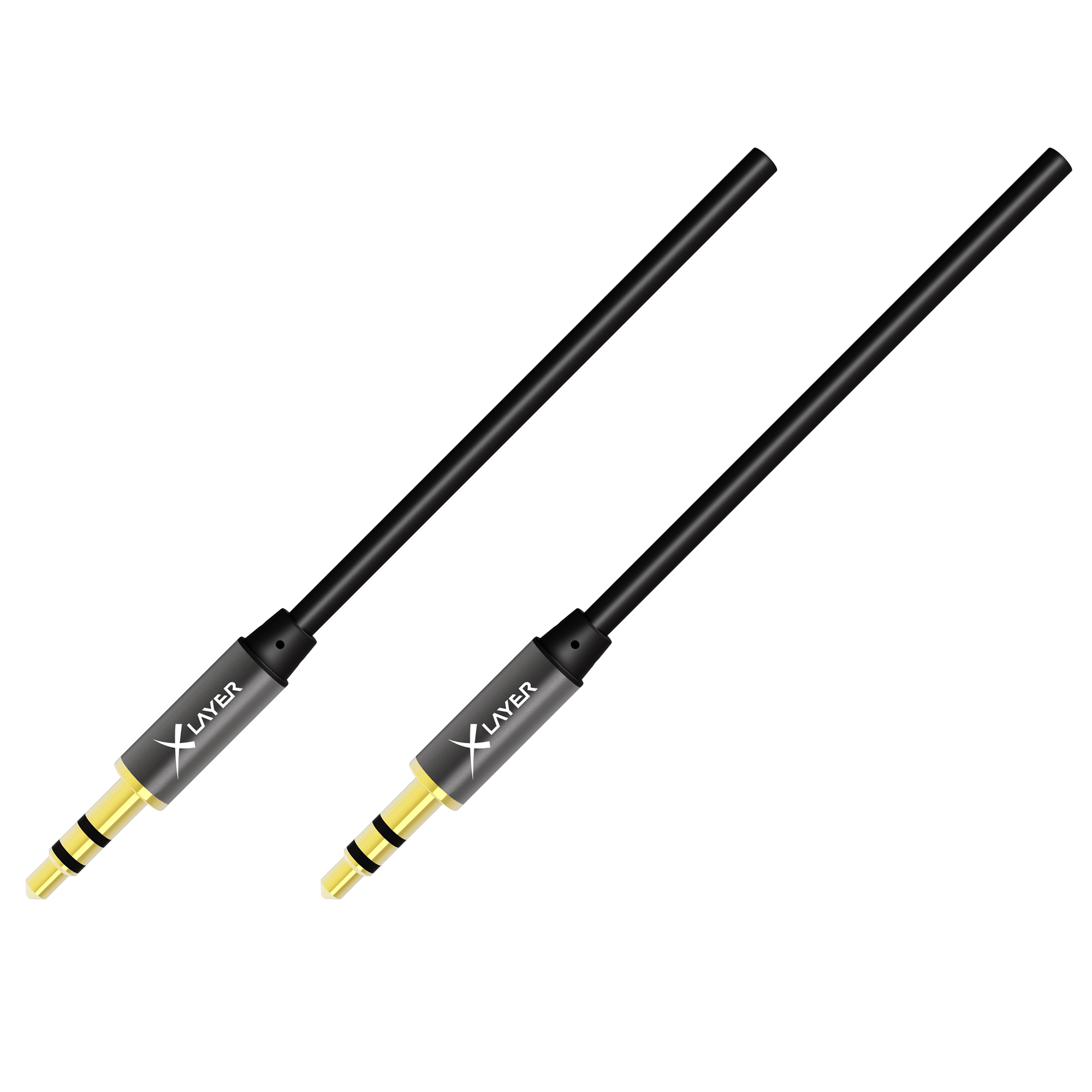 Zwei schwarze und goldene Audiokabel mit 3,5-mm-Klinkensteckern, auf weißem Grund.
