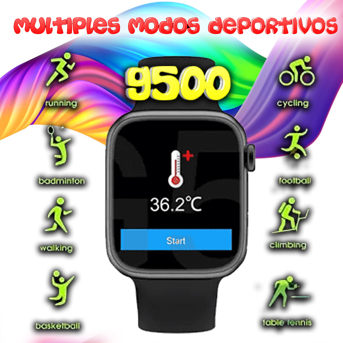 Un reloj inteligente negro con una pantalla que muestra varios iconos deportivos y una lectura de temperatura.