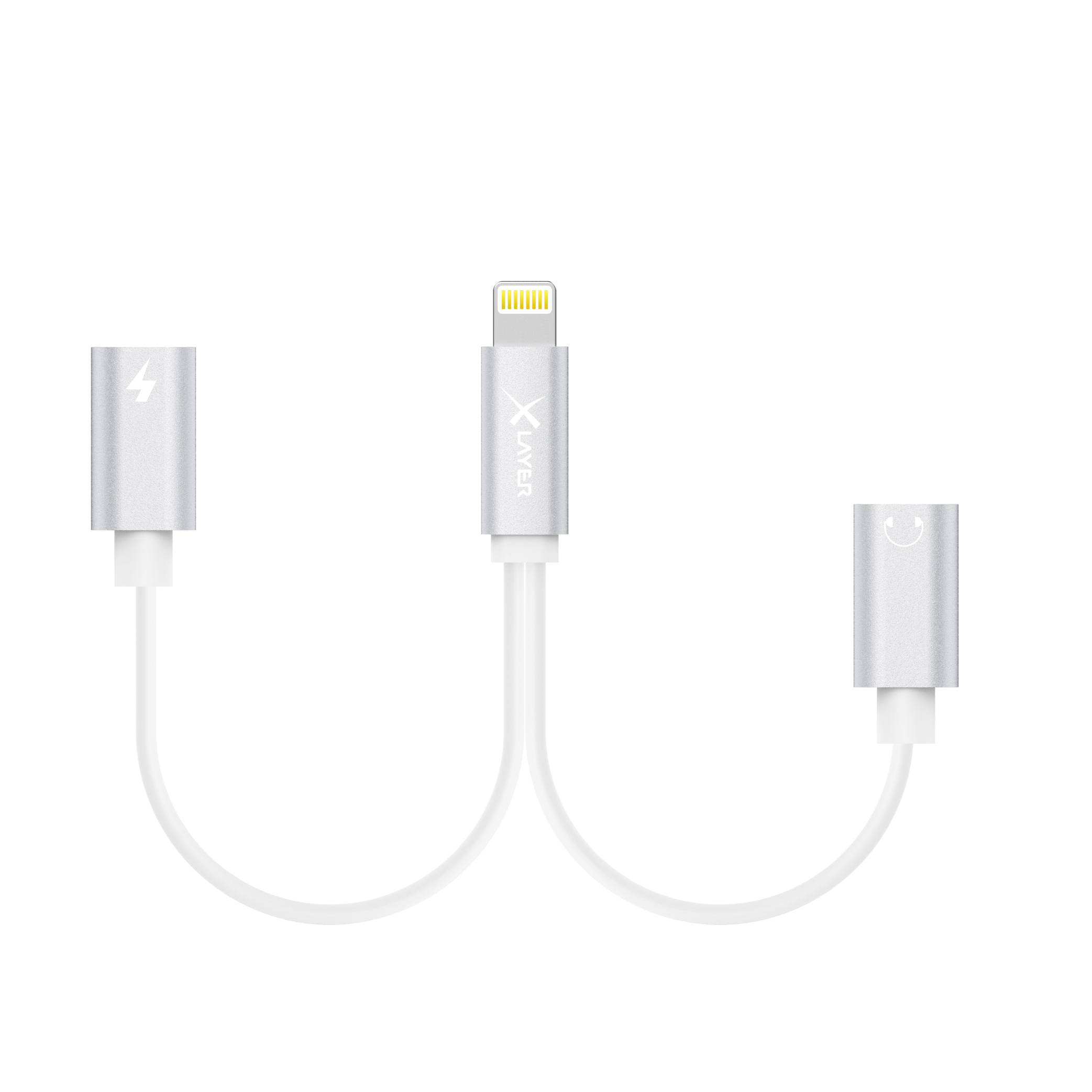 Silberner Adapter mit Lightning-Anschluss und Kopfhöreranschluss, weißes Kabel.