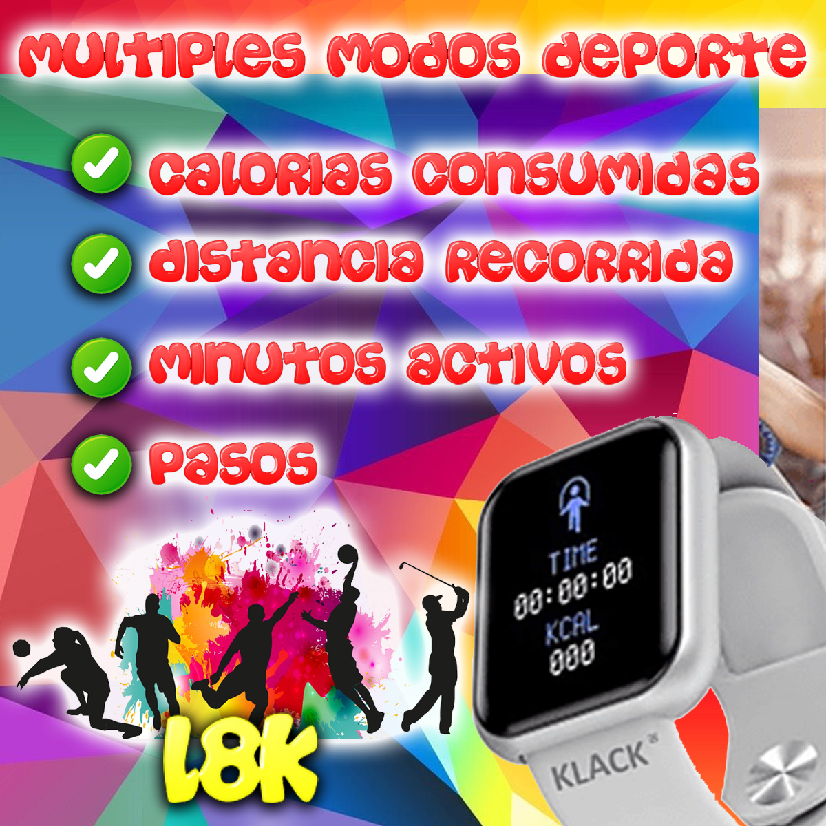 Reloj inteligente que muestra datos de entrenamiento, incluyendo pasos, calorías, distancia y minutos activos.